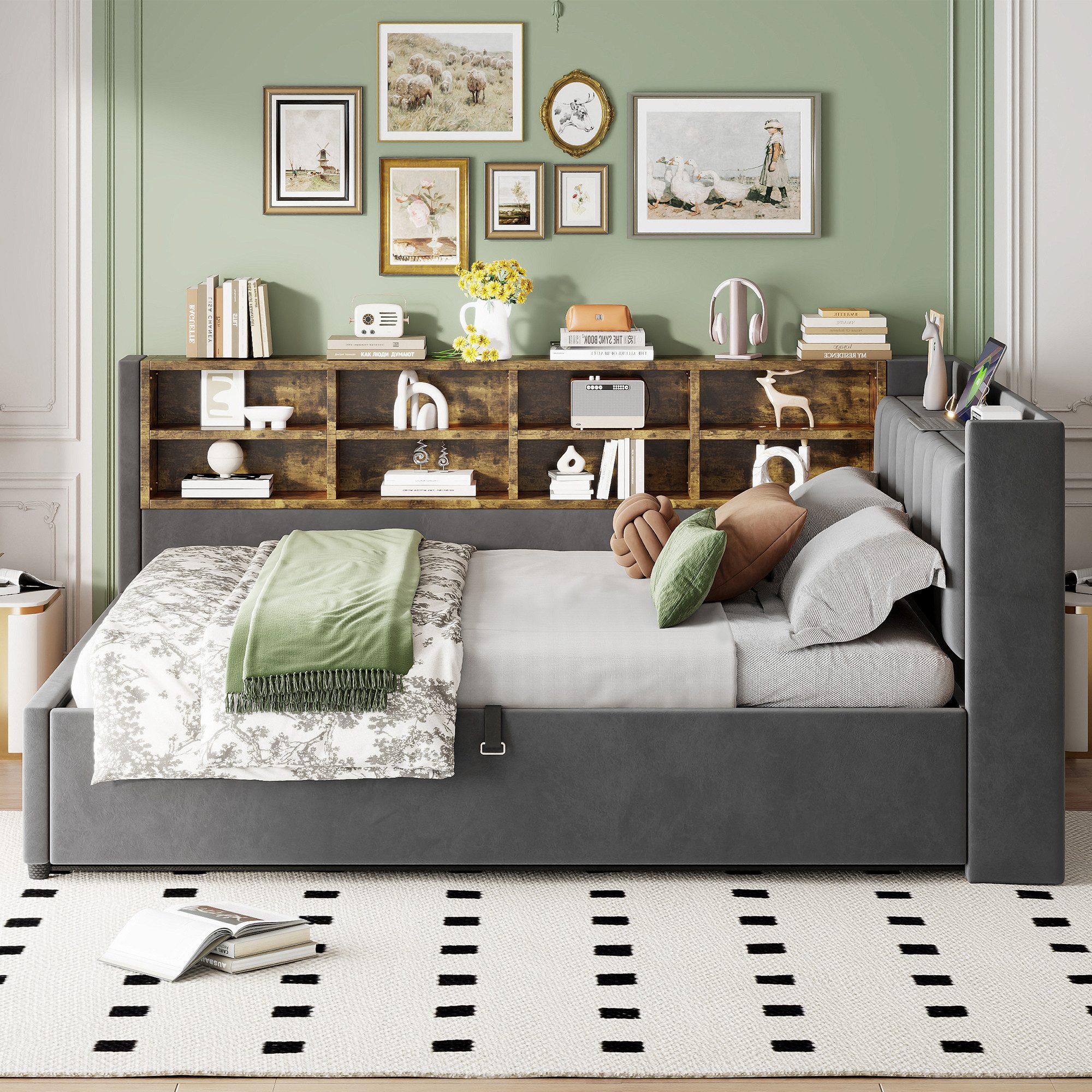 REDOM Schlafsofa Polsterbett Stauraumbett, mit hydraulischem Stauraum, Nachtlicht, USB & Typ-C Anschlüsse, Samtstoff 140x200cm, ohne Matratze