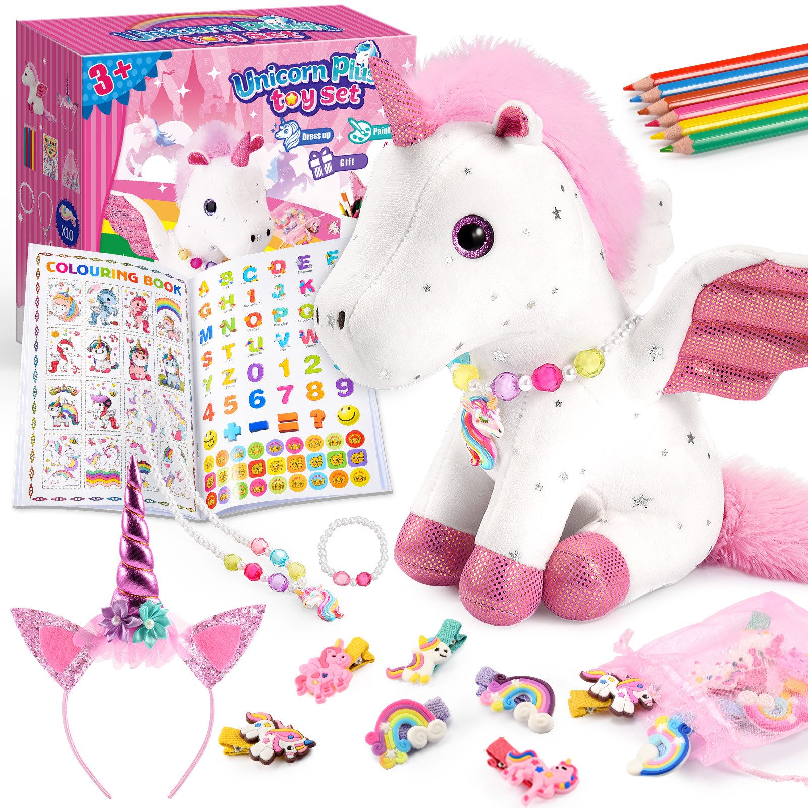 Wootoy Kuscheltier Einhorn Plüschtier Geschenkset für Mädchen 21-teiliges Kreativset (mit Malbuch Schmuck Haaraccessoires und Plüschtier, 1-St., vielseitige Kombination aus Spielzeug Bastelspaß und Schmuck), Attraktive Geschenkbox ideal für kleine Einhorn