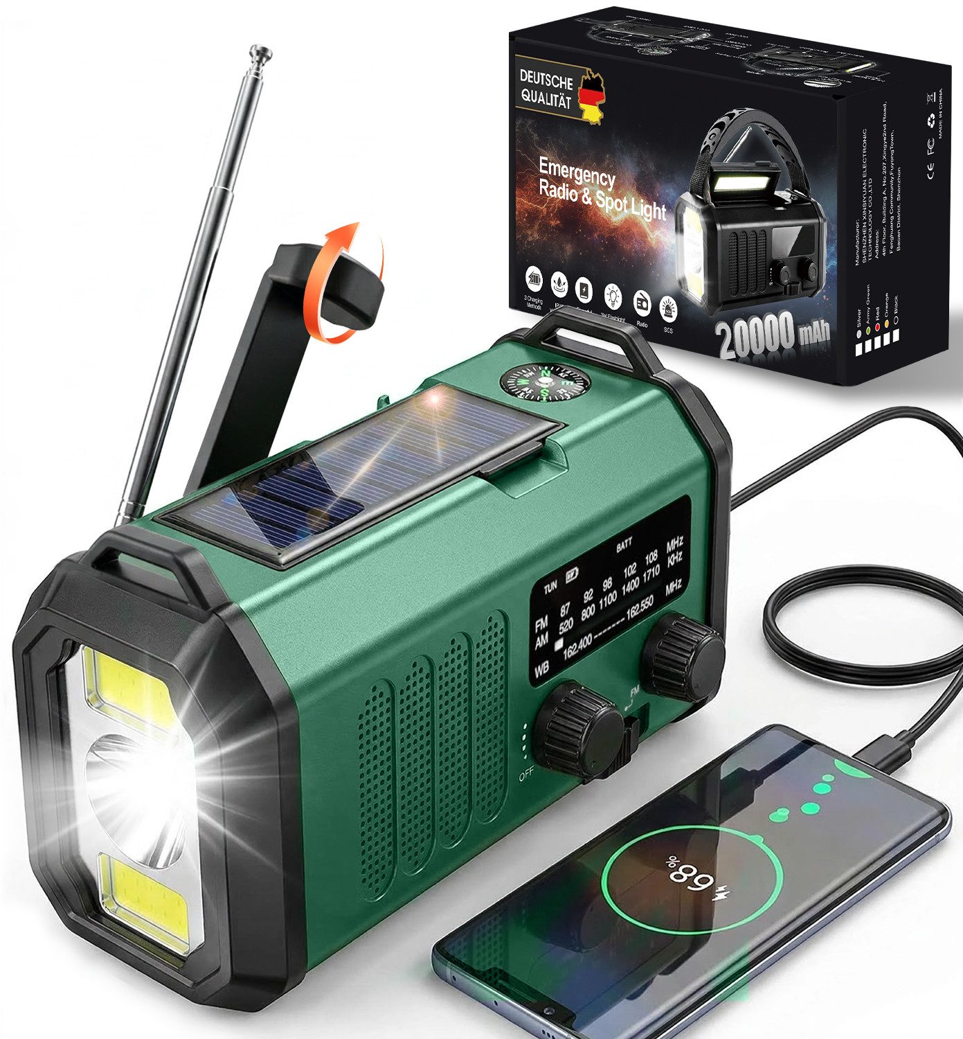 SWGOTA 20000mAh Solar Notfallradio mit AM/FM Geeignet,Camping/Wandern/Outdoo Notfallradio (automatischerFrequenzregelung(AM/FM),NOAA Empfang, 14 W, Tragbare Kurbelradio,14W LED Taschenlampe-Leselicht/SOS-Alarm/Kompass)