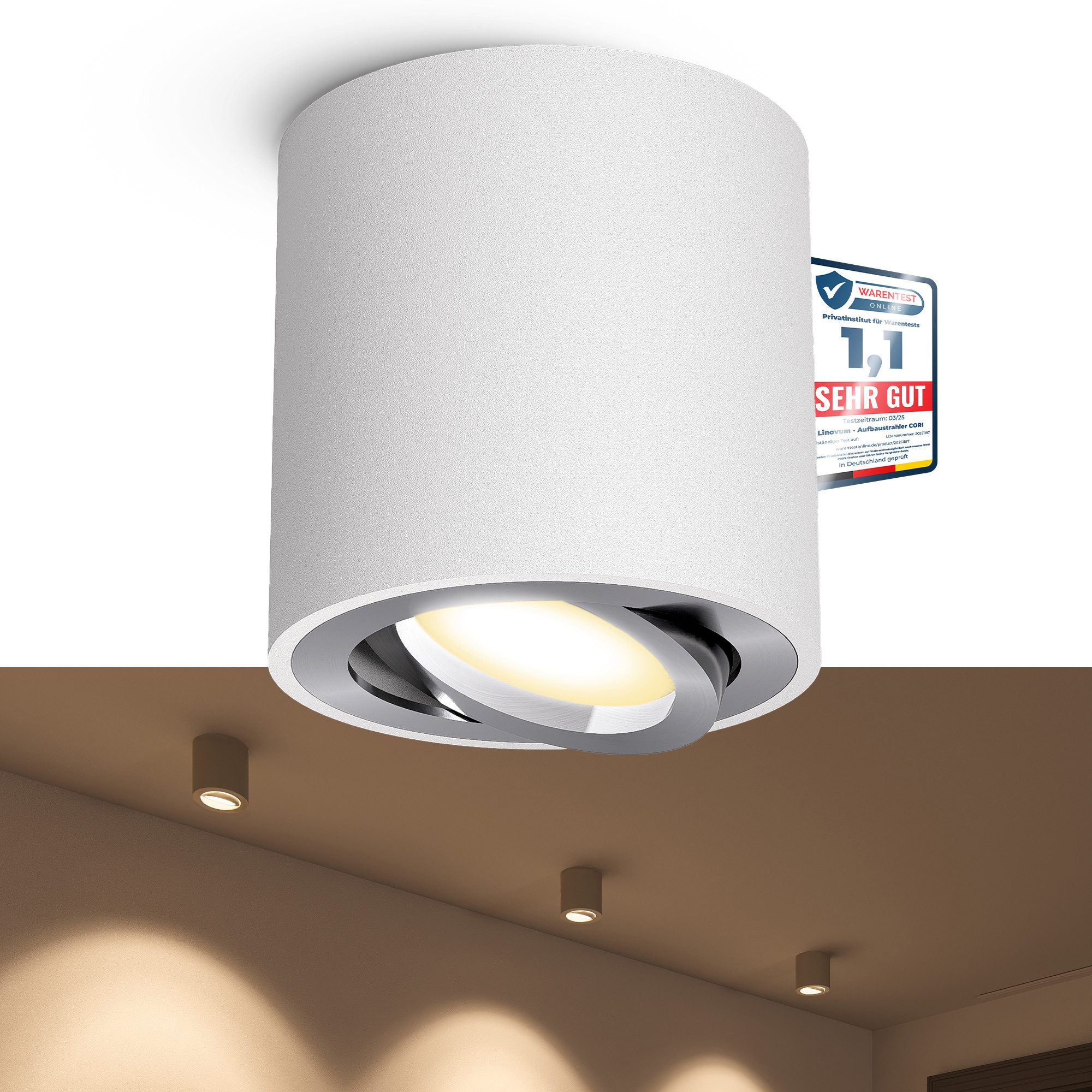 linovum LED Aufbaustrahler Aufputzleuchte dimmbar weiss silber schwenkbar LED GU10 drei Lichtmodi, Tageslichtweiß, Warmweiß, Neutralweiß