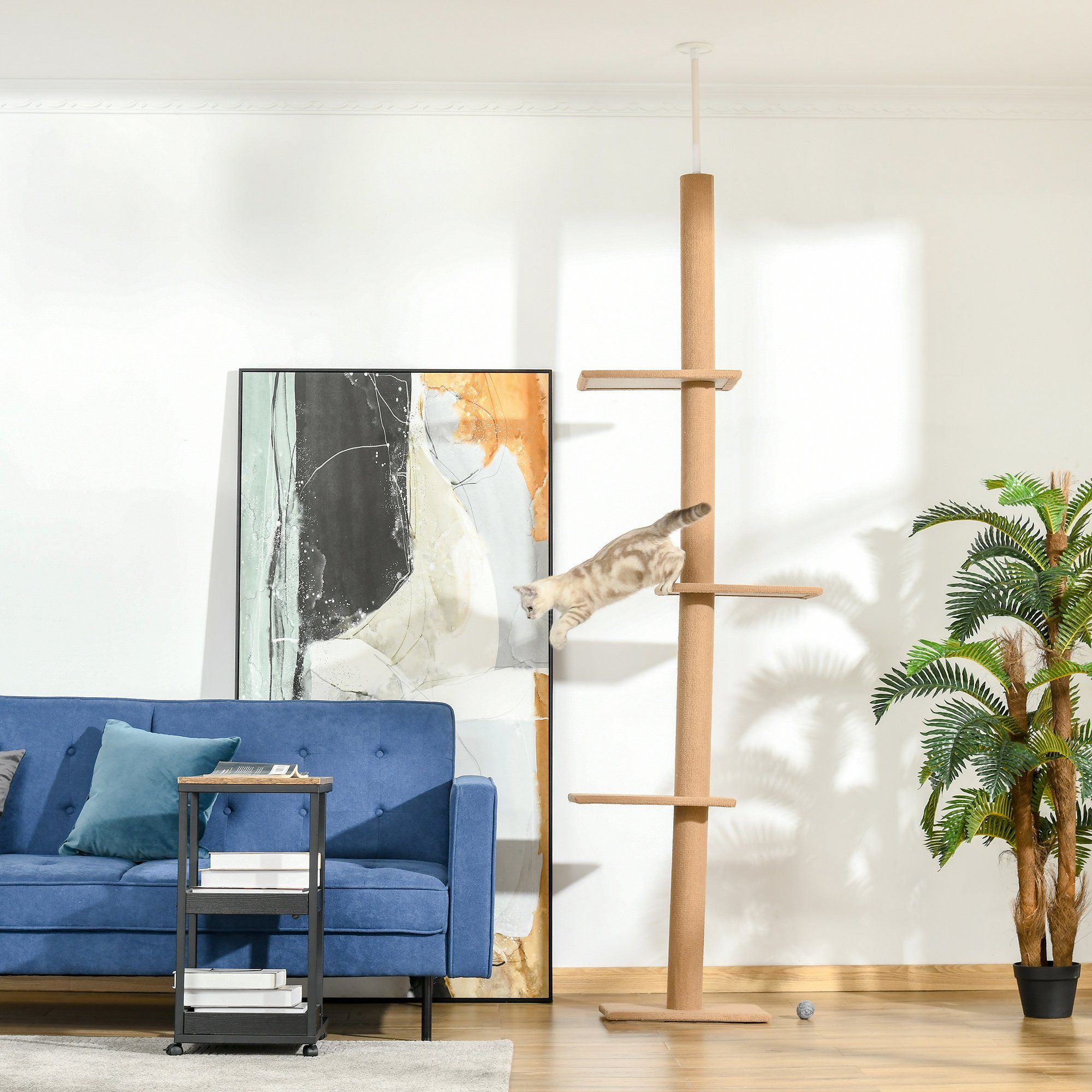 PawHut Kratzbaum Deckenhoch, Höhenverstellbarer Katzenbaum mit 3 Ebenen, Hellbraun, 43L x 27B x 228-260H cm