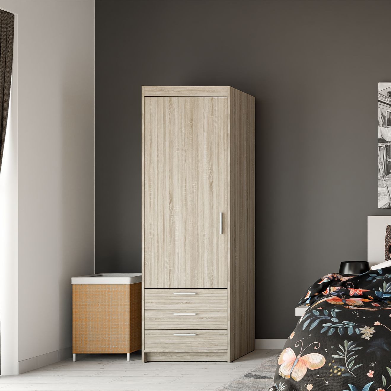 Masseno Drehtürenschrank ELENORA 59,9 cm Kleiderschrank 1 Türen und 1 Schubladen Eiche Sonoma