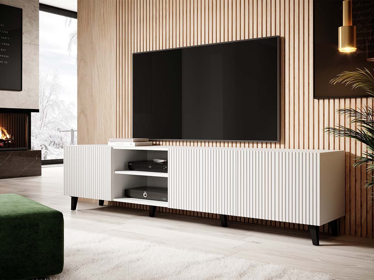 Mirjan24 TV-Schrank Pafos 200 TV-Tisch mit Schwarz TV-Kommode + 4 Weiß / Türen, Modern Wohnzimmer Weiß