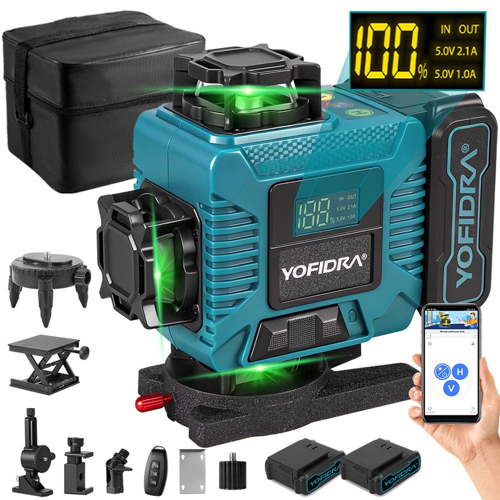 Yofidra Laserwasserwaage 4D Kreuzlinienlaser 4 x 360° Selbstnivellierender Baulaser mit 2 Akkus, für Bauarbeiten, Fliesenlegen und Hausrenovierung