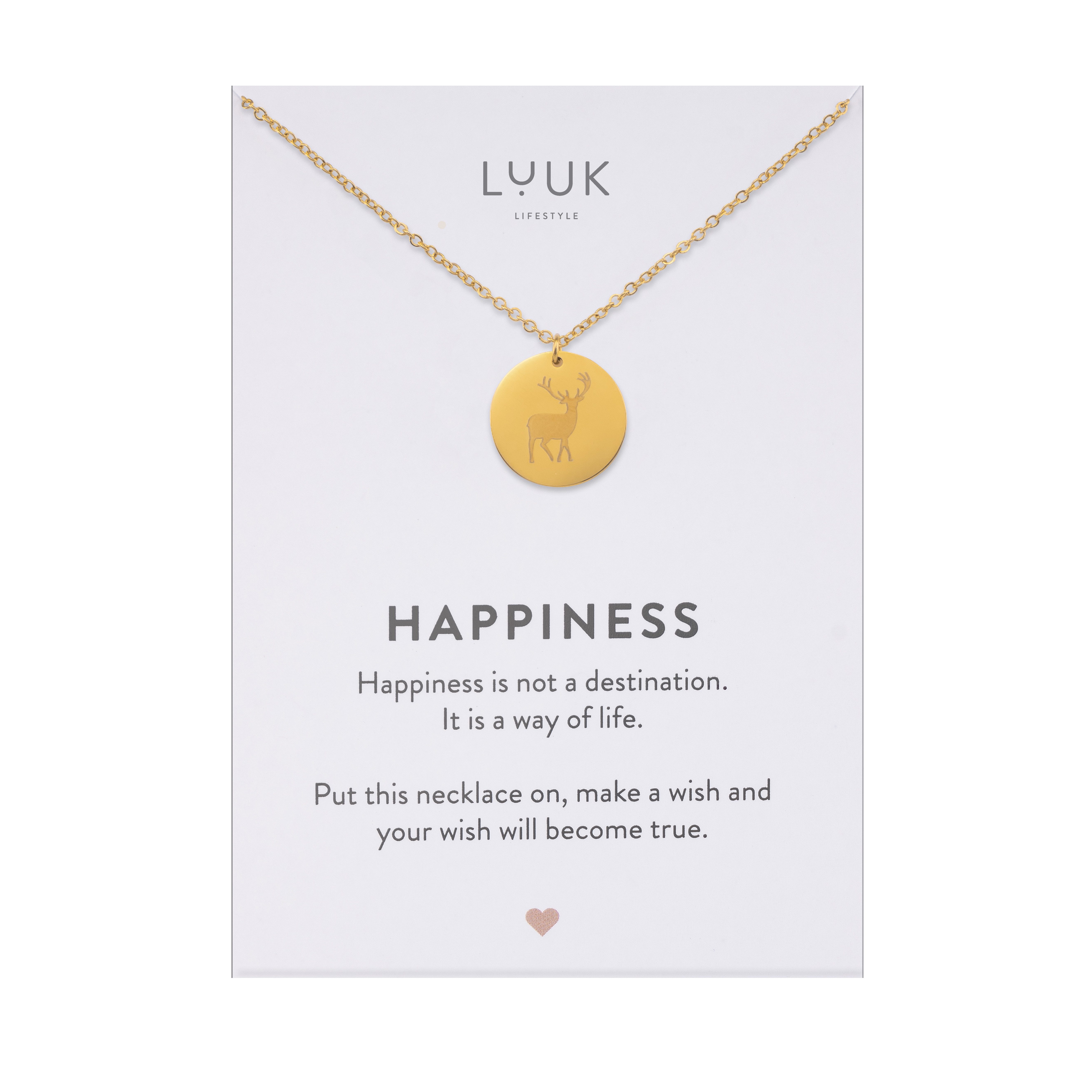 LUUK LIFESTYLE Kette mit Anhänger Reh Münze, mit HAPPINESS Spruchkarte, wasserfest und langlebig