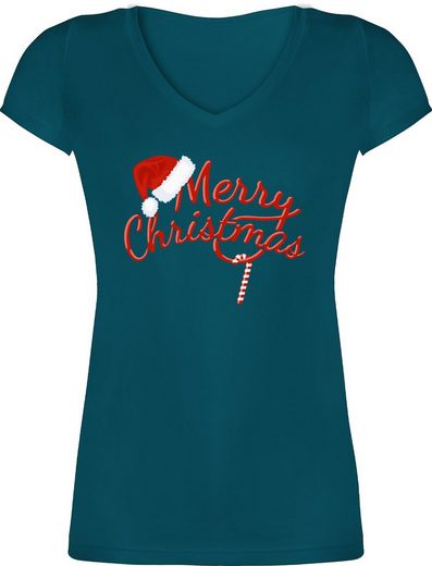 Shirtracer T-Shirt »Merry Christmas Zuckerstange - Weihnachten & Silvester Geschenke - Damen T-Shirt mit V-Ausschnitt« Neujahrsgeschenke Party Deko
