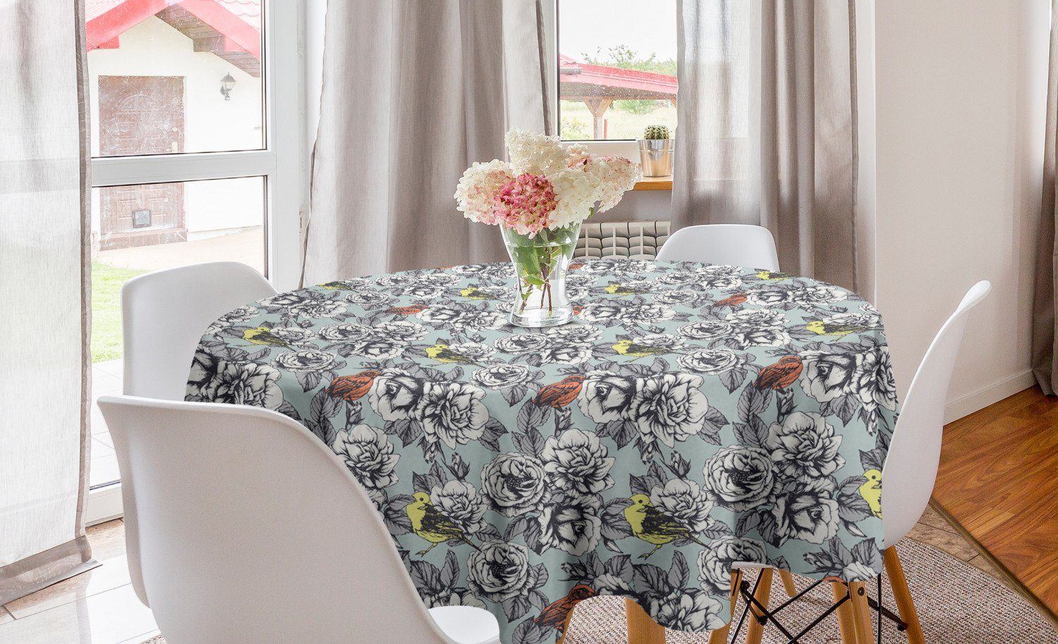 Abakuhaus Tischdecke Kreis Tischdecke Abdeckung für Esszimmer Küche Dekoration, Rose Vögel Romantische Vintage Blumen | Tischdecken