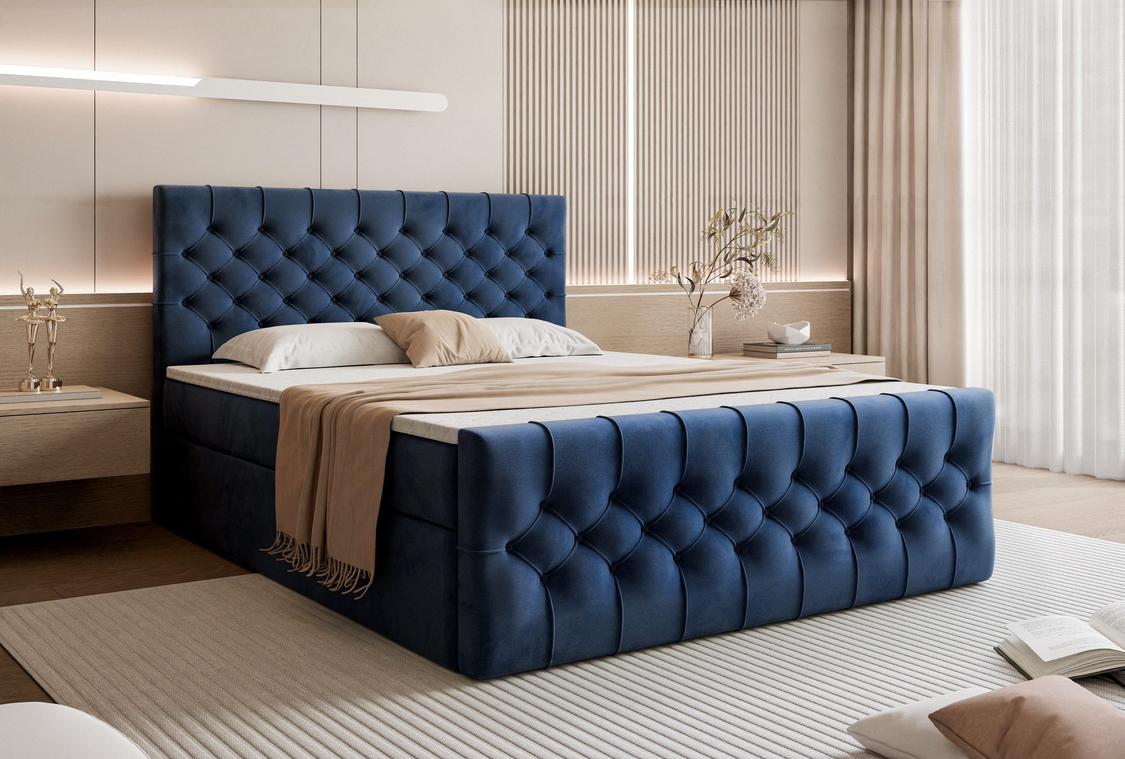 Goldstoff Boxspringbett TAURIEL mit Federkernmatratze & Topper, zwei Bettkästen (von 120 bis 200x200 cm), modernes Doppelbett aus Velvet Stoff mit edlem Kopftei – Bild 4 von 5