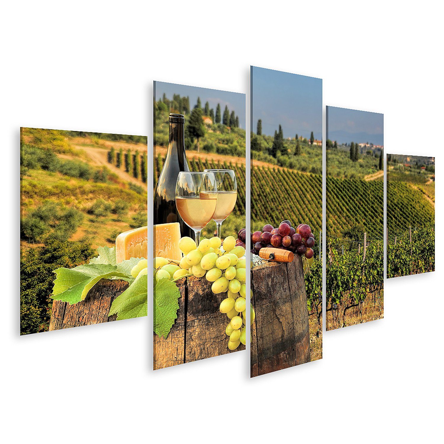 Leinwandbild Bild auf Leinwand Weißwein mit Fass auf Weinberg in Chianti Toskana It