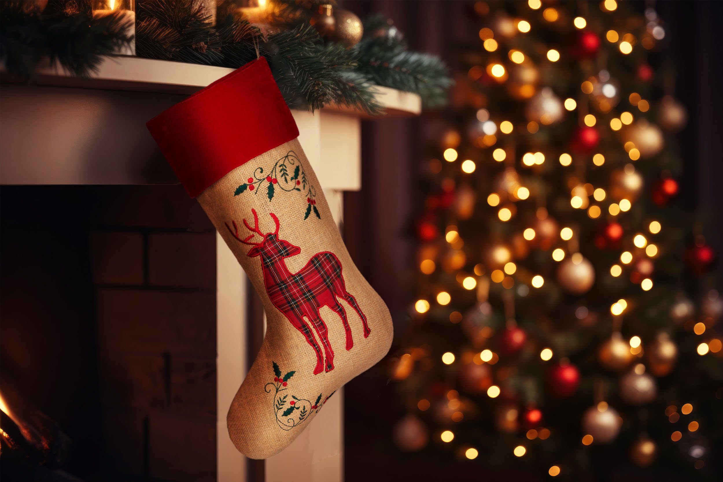 und 1 Aufhängen Nikolausstiefel Nikolausstrumpf Befüllen Weihnachten und BRUBAKER Nikolaus Weihnachtsdeko 52 (Rentiere Weihnachtssocke Karomuster, - Weihnachtsstrumpf St), für zum cm Strümpfe Rot