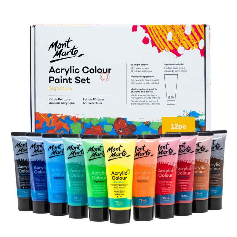 Mont Marte Acrylfarbe Künstler-Set, lichtecht in 12 x oder 24 x 75 ml Tuben (wählbare Größe), Verschiedene Sets zur Auswahl