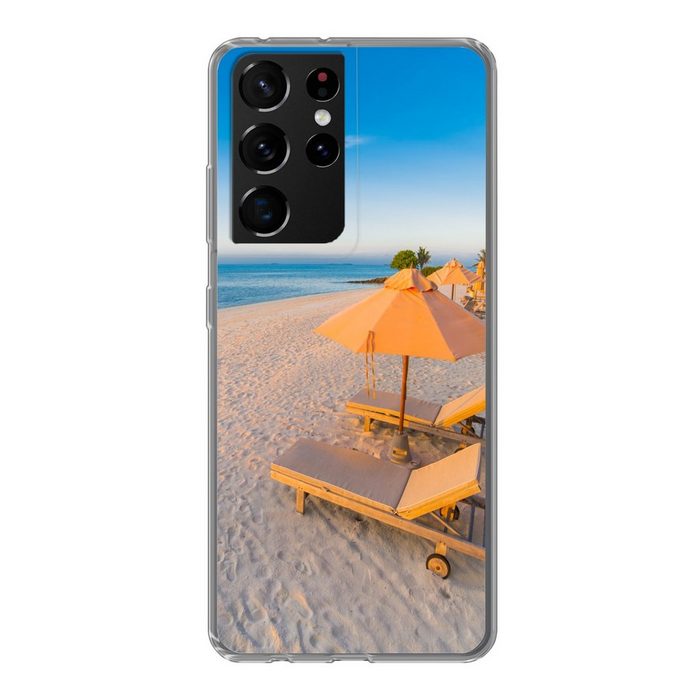 MuchoWow Handyhülle Karibischer Strand mit Strandkorb Phone Case Handyhülle Samsung Galaxy S21 Ultra Silikon Schutzhülle