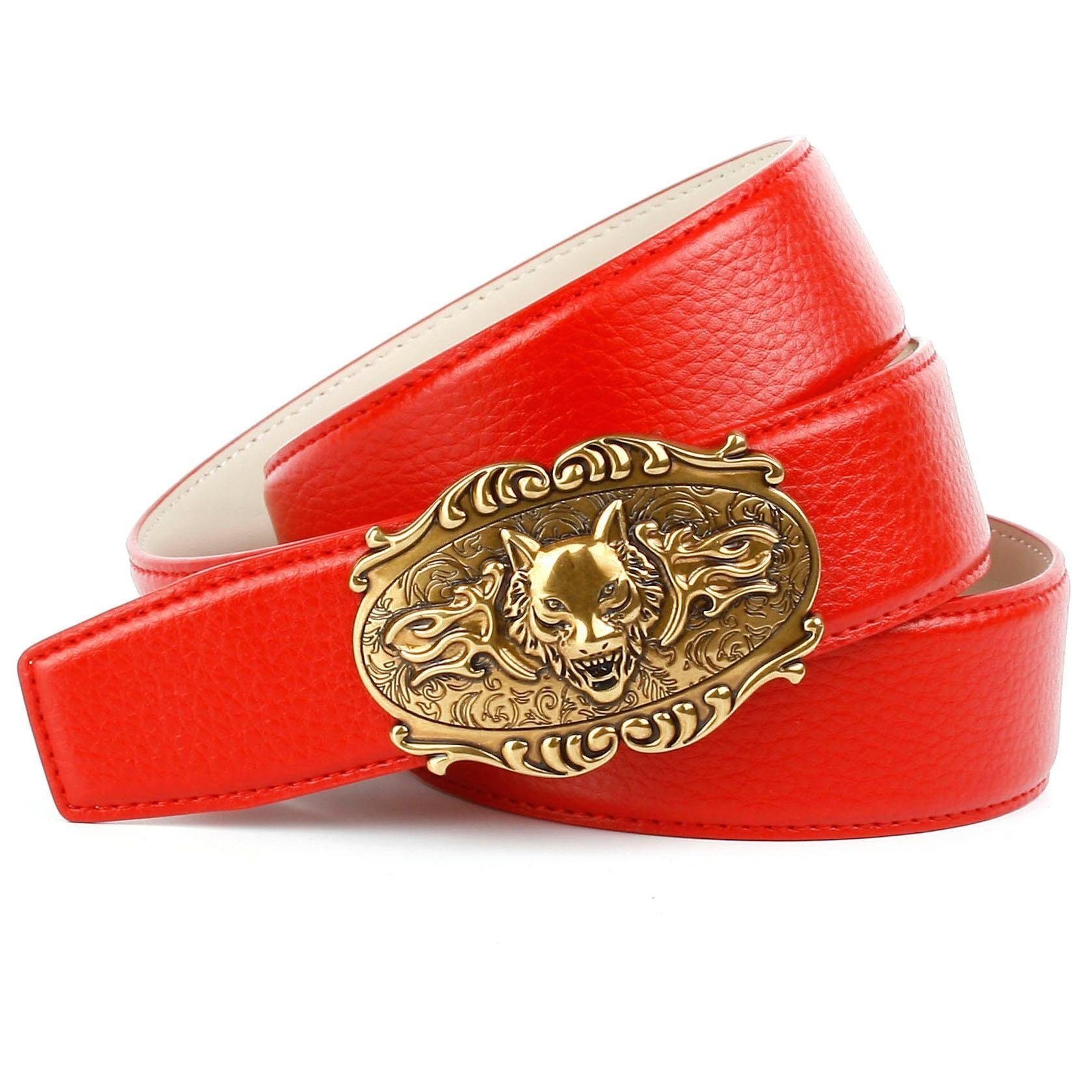 Anthoni Crown Ledergürtel in rot mit Wolfkopf-Schnalle | Anzuggürtel