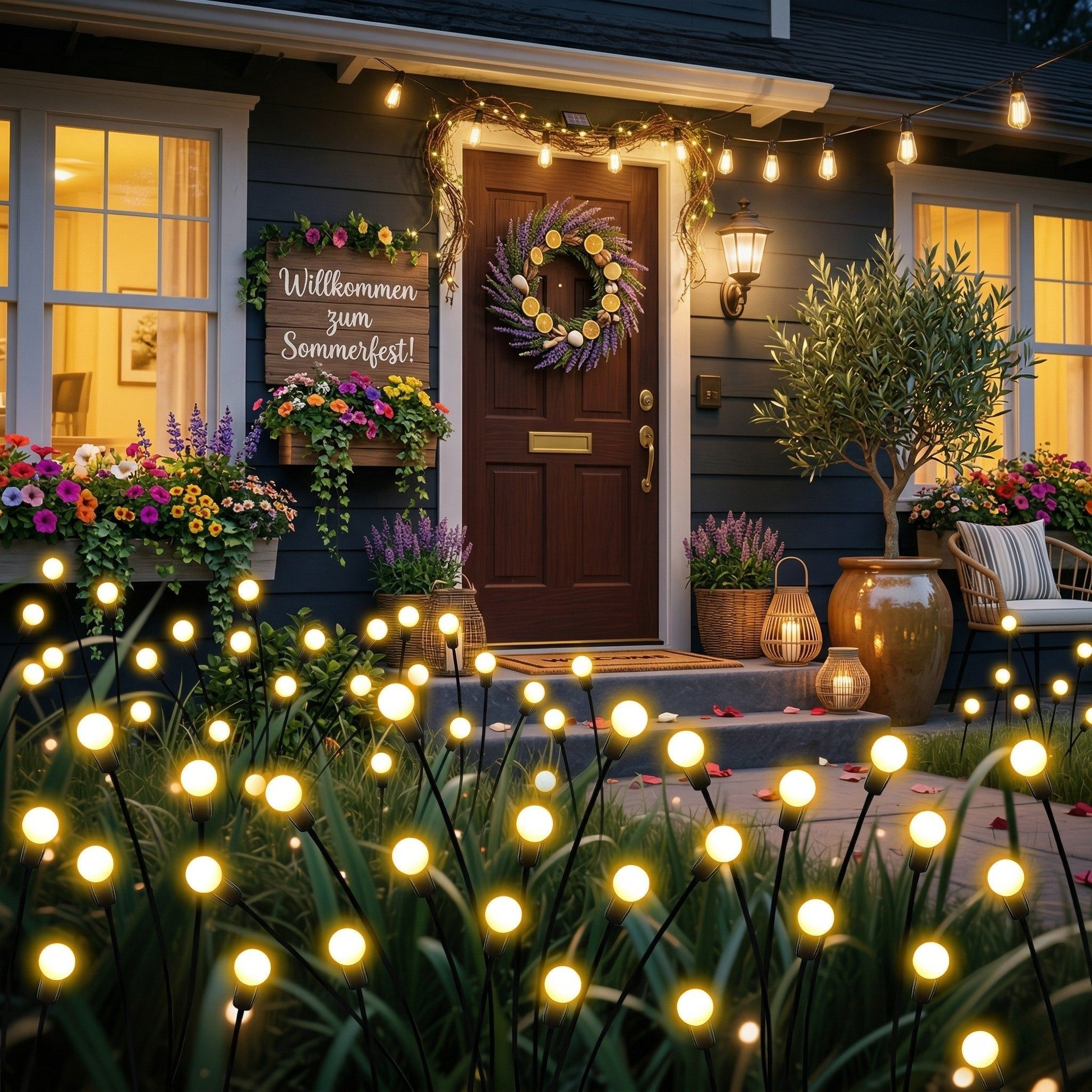 Norvéa Home LED Gartenleuchte Solar Glühwürmchen Gartenleuchten 4er Set 32 LED warmweiß, LED fest integriert, warmweiß, Glühwürmchen-Effekt, 8 Lichtmodi, automatische Dämmerungsfunktion