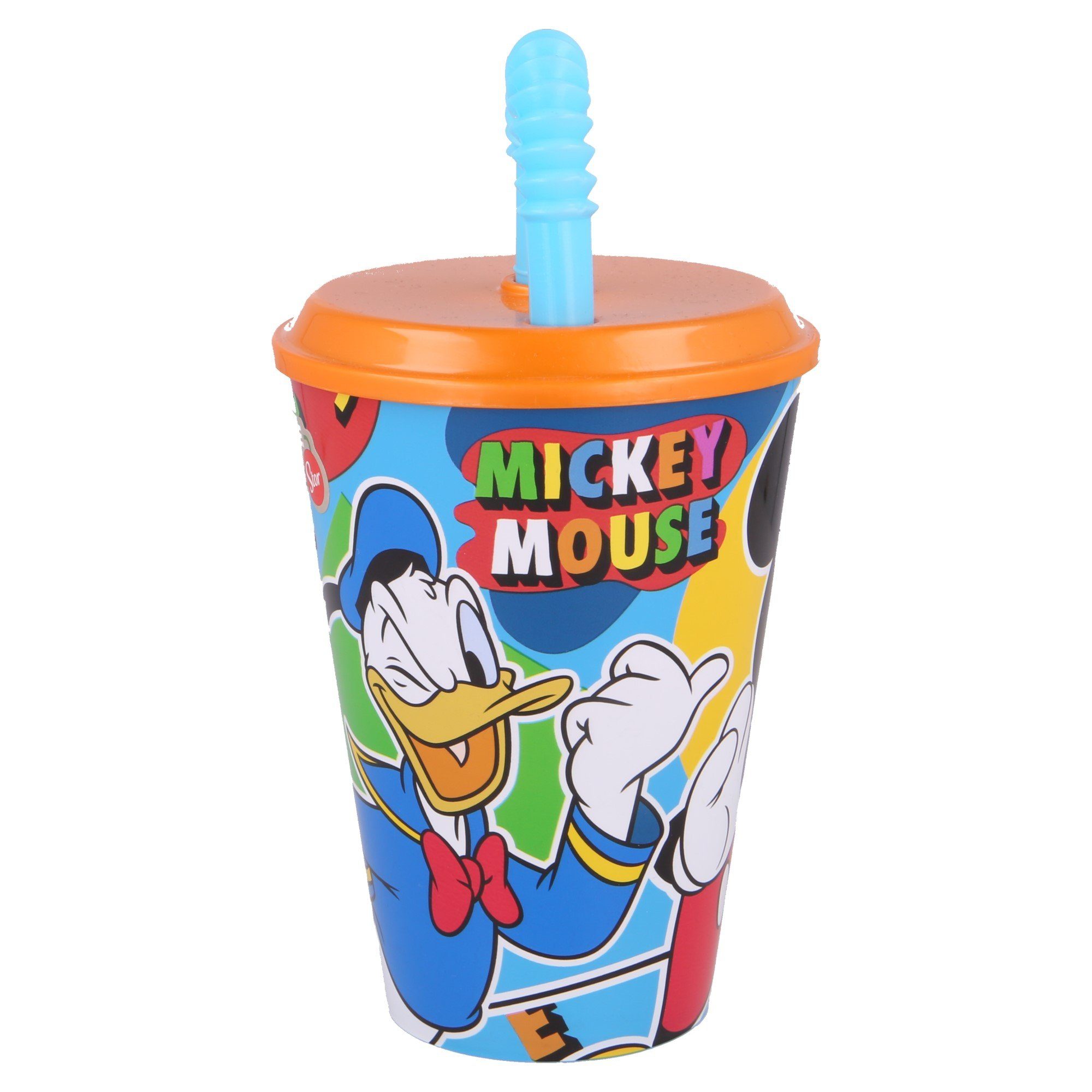 Disney Mickey Mouse Kinderbecher, Kunststoff, mit Deckel und Trinkhalm 430 ml BPA frei
