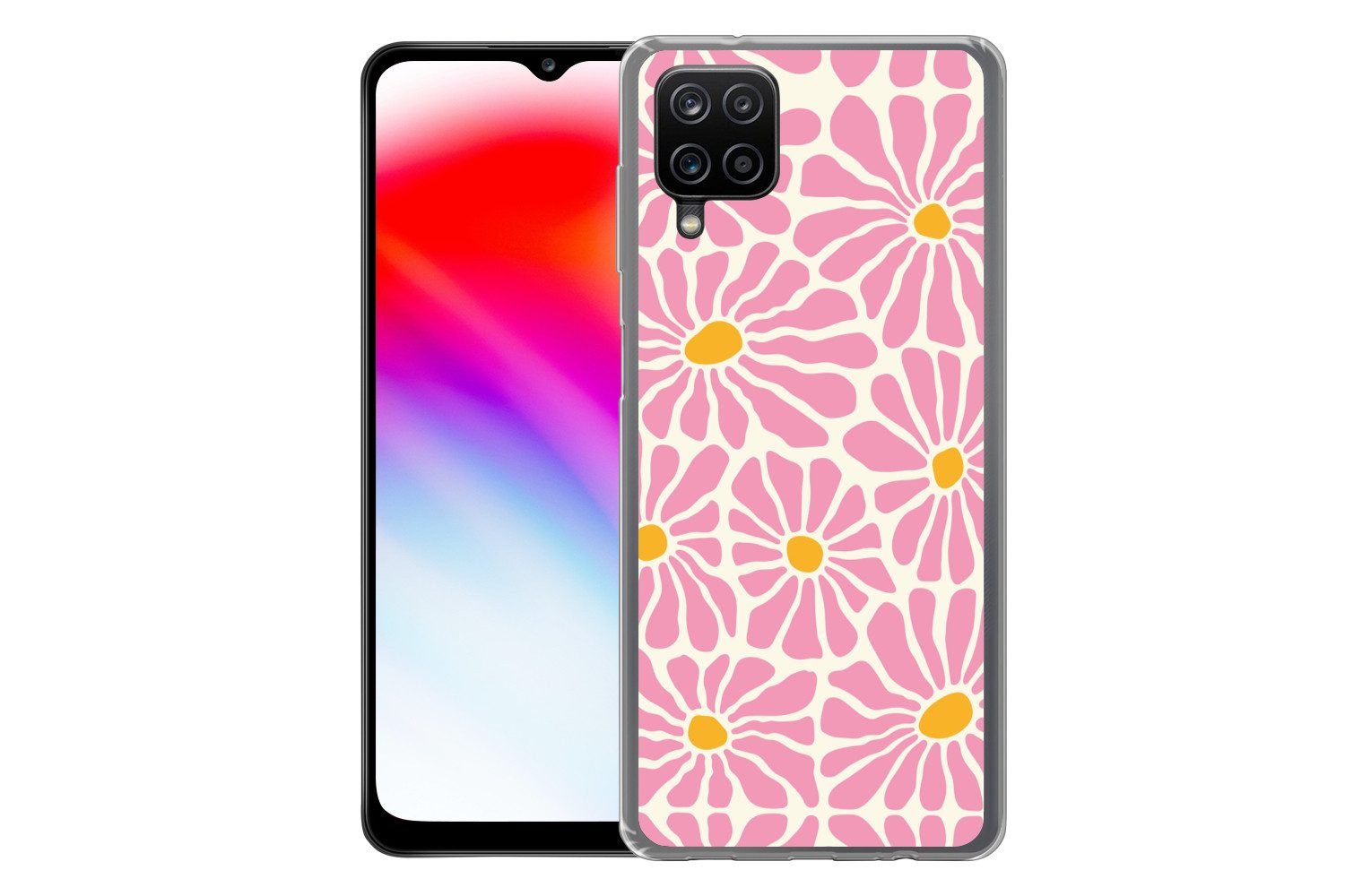 MuchoWow Handyhülle für Samsung Galaxy A12 Blumen - Muster - Rosa - Beige - Orange, Smartphone-Bumper, Print, Handy Schutzhülle Dünn