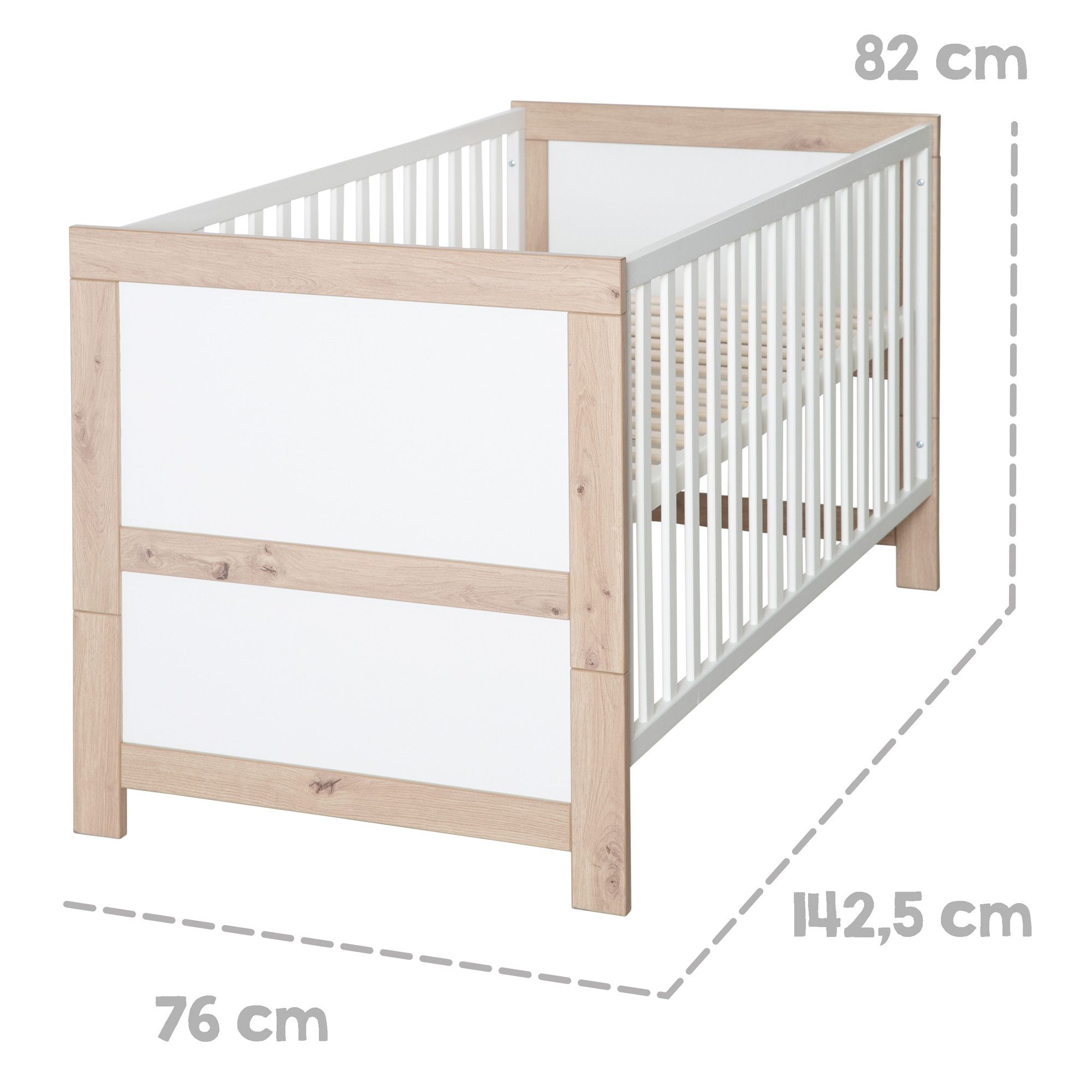 roba® Malo 3-piece baby room complete set (set, cot 70 x 140 cm, changing table, wardrobe), made of wood with metal handles
