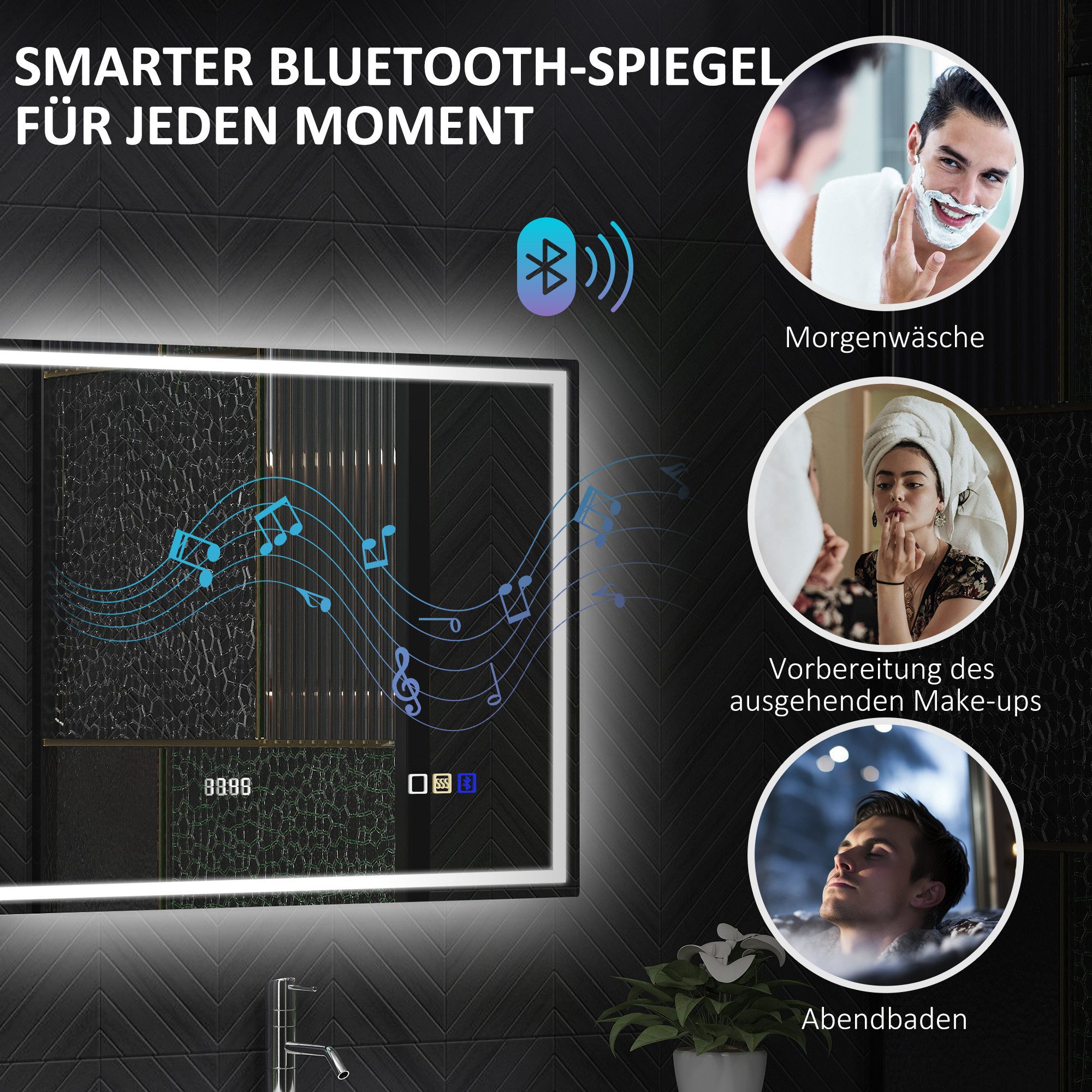 HOMCOM Badspiegel LED Spiegel Wandspiegel Bluetooth-Musikfunktion Memory-Funktion (Beschlagfrei Wandspiegel, 1-St., dimmbar LED Spiegel), für Badezimmer, Silber – Bild 5 von 5