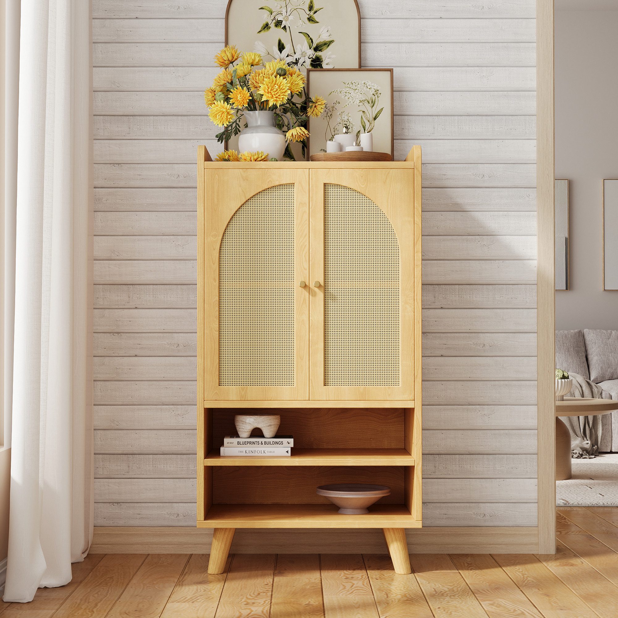 Merax Sideboard Kommode mit 2 Rattantüren und 2 offenen Fächern (1 St., Stauraum Buffet, Holz Anrichte), für Wohnzimmer, Küche oder Flur, 60×40×121 cm – Bild 4 von 5