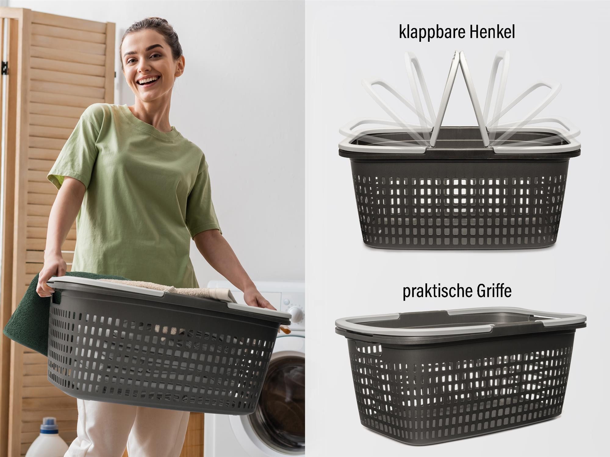 Hausfelder Wäschekorb Wäschewanne 58x37x25cm (Anthrazit-Schwarz, 3 Körbe, 3 günstig online kaufen