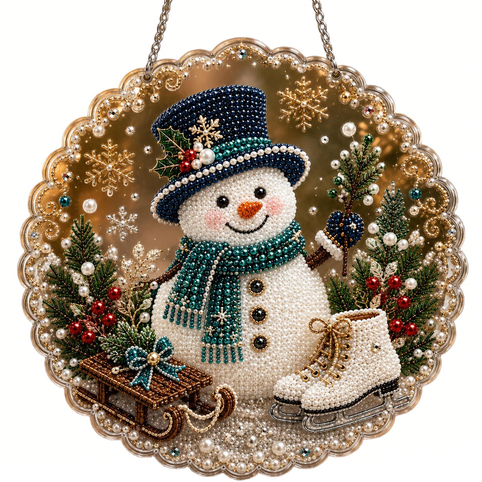 Bomiclss Kreativset Weihnachtsschmuck mit Perle und Diamant,Verfügt über 3D-Perlen, Runder Acryl-Anhänger mit Spitzenbordüre für Weihnachtsbaum