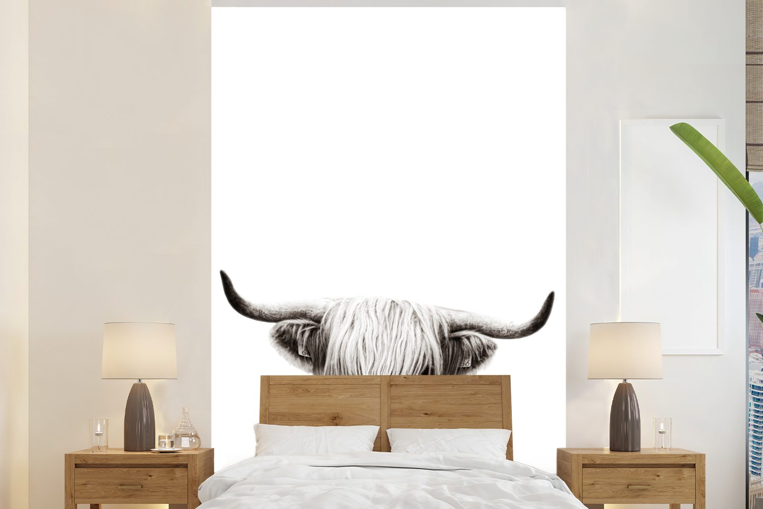 MuchoWow Fototapete Schottischer Highlander - Weiß - Kuh, Matt, bedruckt, (3 St), Montagefertig Vinyl Tapete für Wohnzimmer, Wandtapete