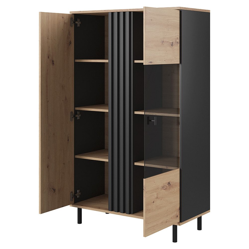 Lomadox Highboard MATTAWA-167, Vitrine, 90 cm, Eiche Dekor, 2 Türen, LED Beleuchtung