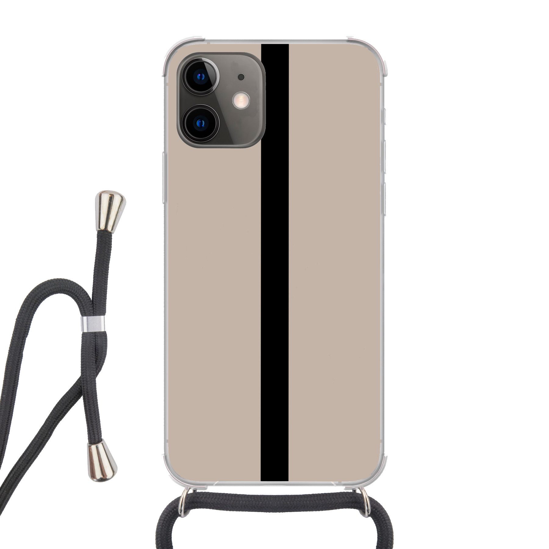 MuchoWow Handyhülle für Apple iPhone 12 Mini Beige - Schwarz - Gestreift - Minimalistisch, Tragbare Handyhüllen mit Kette zum umhängen, Handykette Handyband