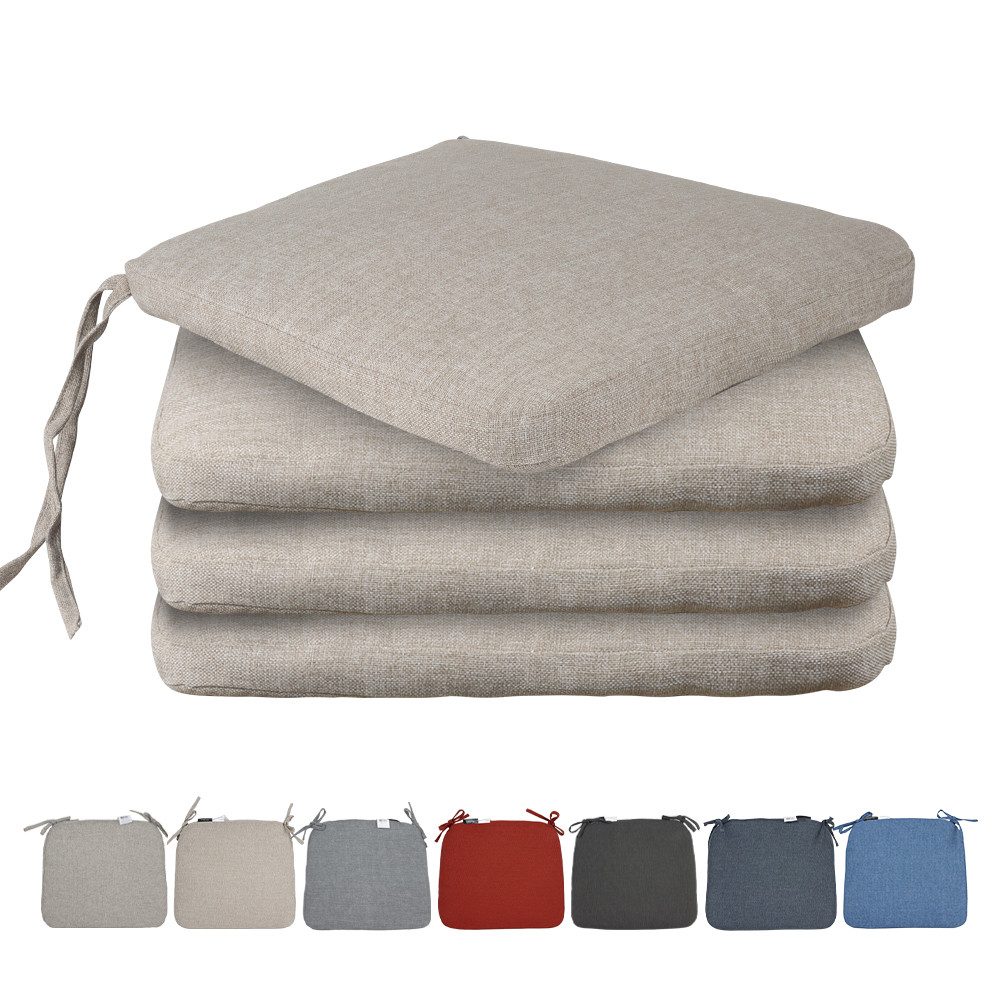 Stuhlkissen 4er Set Quadrat Sitzkissen 43x 38 x 3 cm, mit Bindebänder