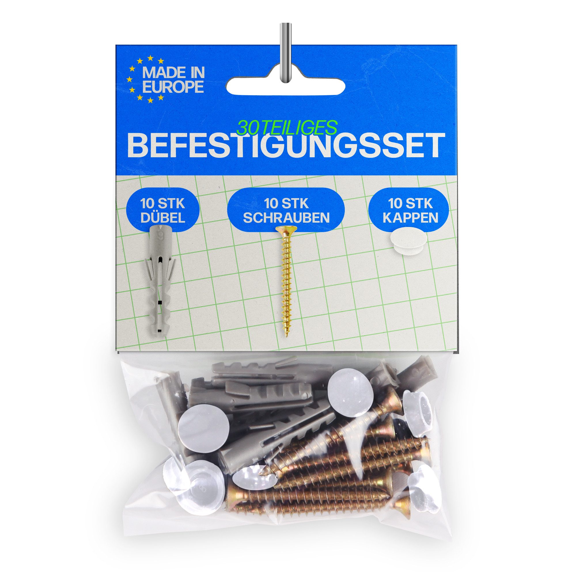 Bestlivings Schrauben- und Dübel-Set für Kunststoff-Gardinenschienen, (1 St., 10 Dübel, 10 Schrauben, 10 Verschlusskappen), auch für leichte Wandmontagen wie Bilder, Spiegel o.ä. geeignet