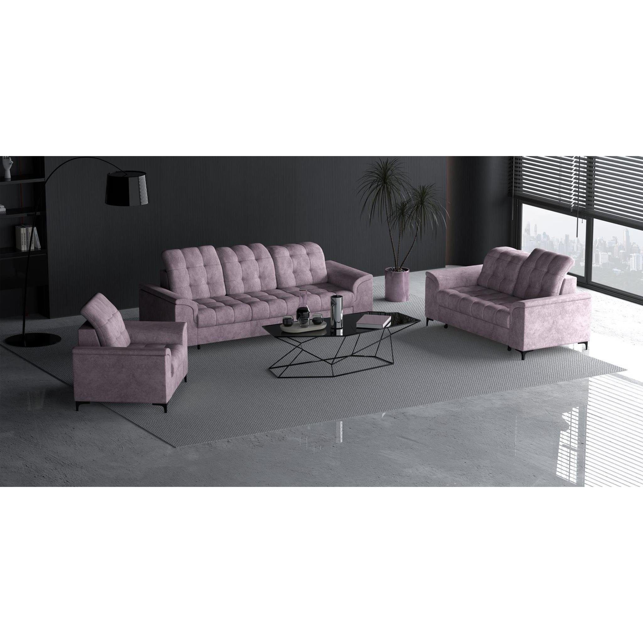(mit schwarze Velvetstoff 2-Sitzer Schlaffunktion, + (bangkok Sessel), mit Beautysofa Polstergarnitur Snap, Bettkasten, aus Rosa pink) stilvoll Metallbeine + Polsterset Kopfstützen, 3-Sitzer verstellbare