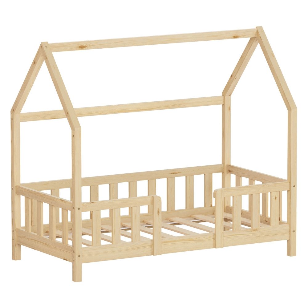 ML-DESIGN Spielbett Hausbett Kinderbett inkl. Lattenrost kreativ Bodenbett für Kinder, Abenteuerbett zum Spielen mit Rausfallschutz Kiefer Natur Himmelbett