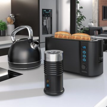 Arendo Frühstücks-Set, Wasserkocher 1,7l / Toaster / Milchaufschäumer, Edelstahl, Schwarz