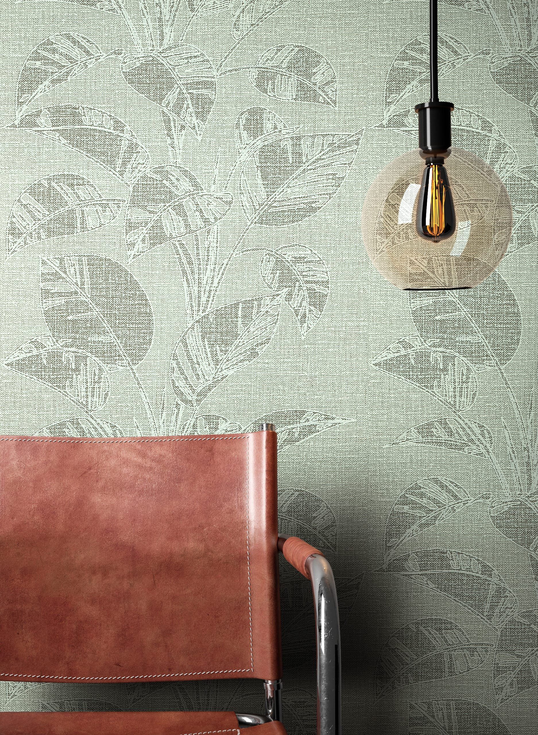 Newroom Vliestapete Bivona Olive Tapete Mustertapete Blätter, Floral, Textil-Optik, strukturiert, Naturoptik – Bild 5 von 5