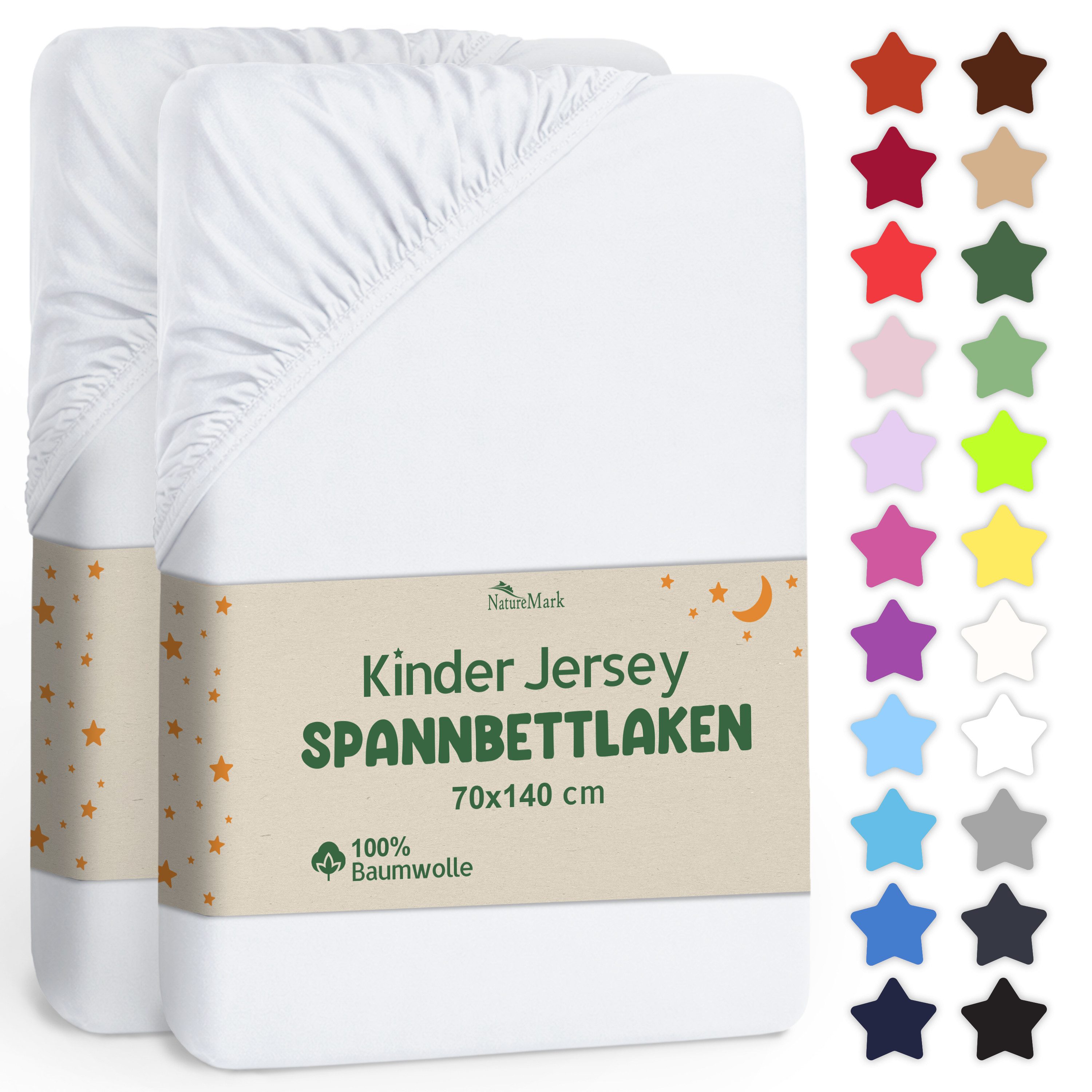 NatureMark Spannbettlaken Jersey Spannbetttuch, 100% Baumwolle, Gummizug: rundum, (2 Stück), Kinder Spannbetttuch, für Baby-/Kinderbett, 70x140 cm, Weiß