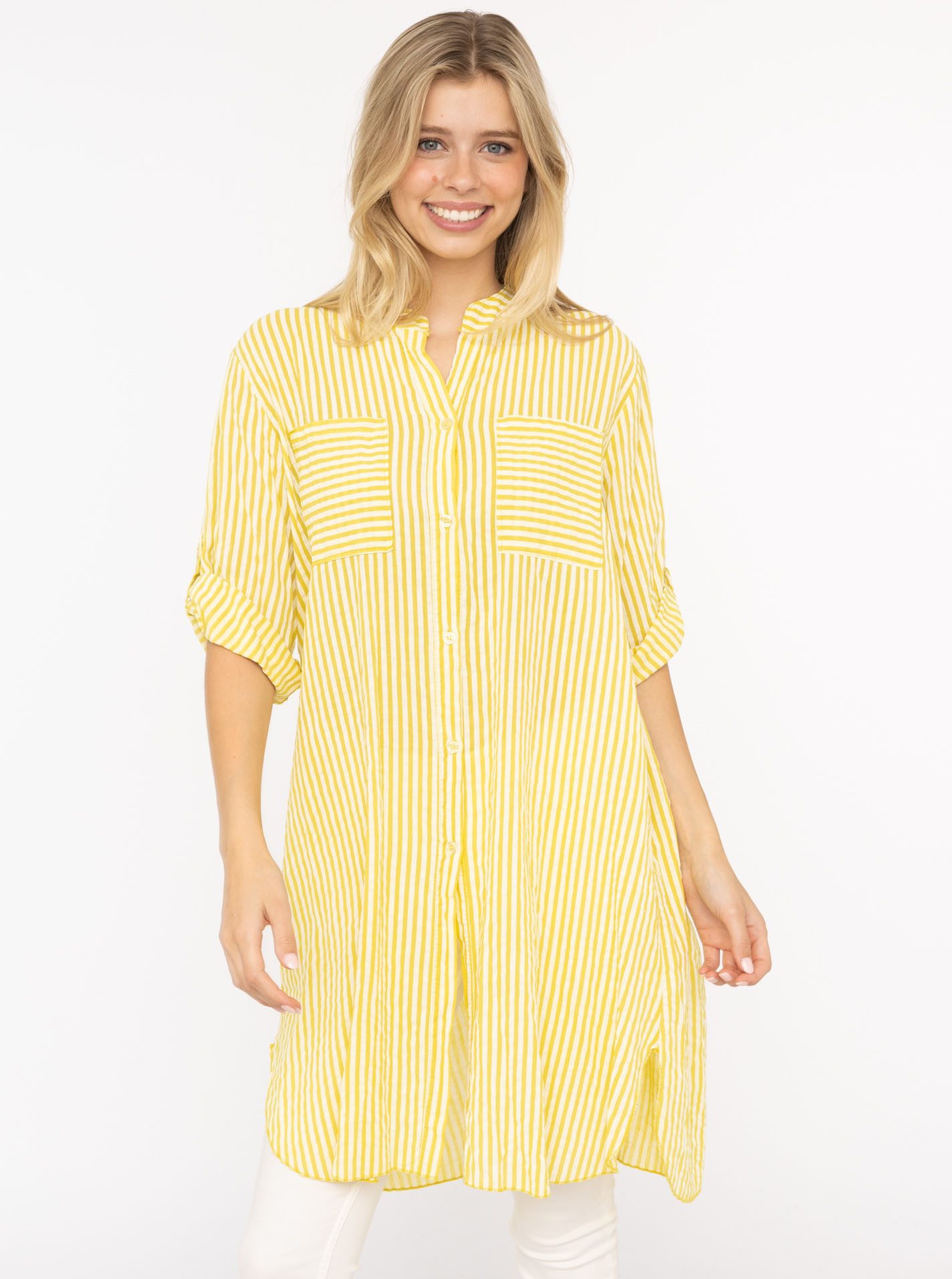 Zwillingsherz Longbluse "Kida" One Size, Streifen, Knopfleiste, Brusttaschen, 3/4-Arm