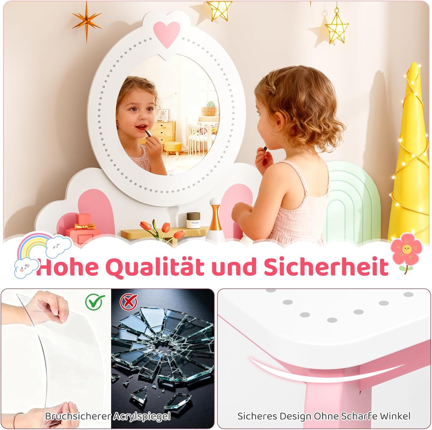 TLGREEN Schminktisch, 2-in-1 Kinderschminktisch mit Spiegel (Puppenschminktisch & Schreibtisch Mädchen, 50x33x91cm, Spielzeug für Mädchenab 3 Jahre), Kinder Makeup Tisch Rosa mit Stuhl