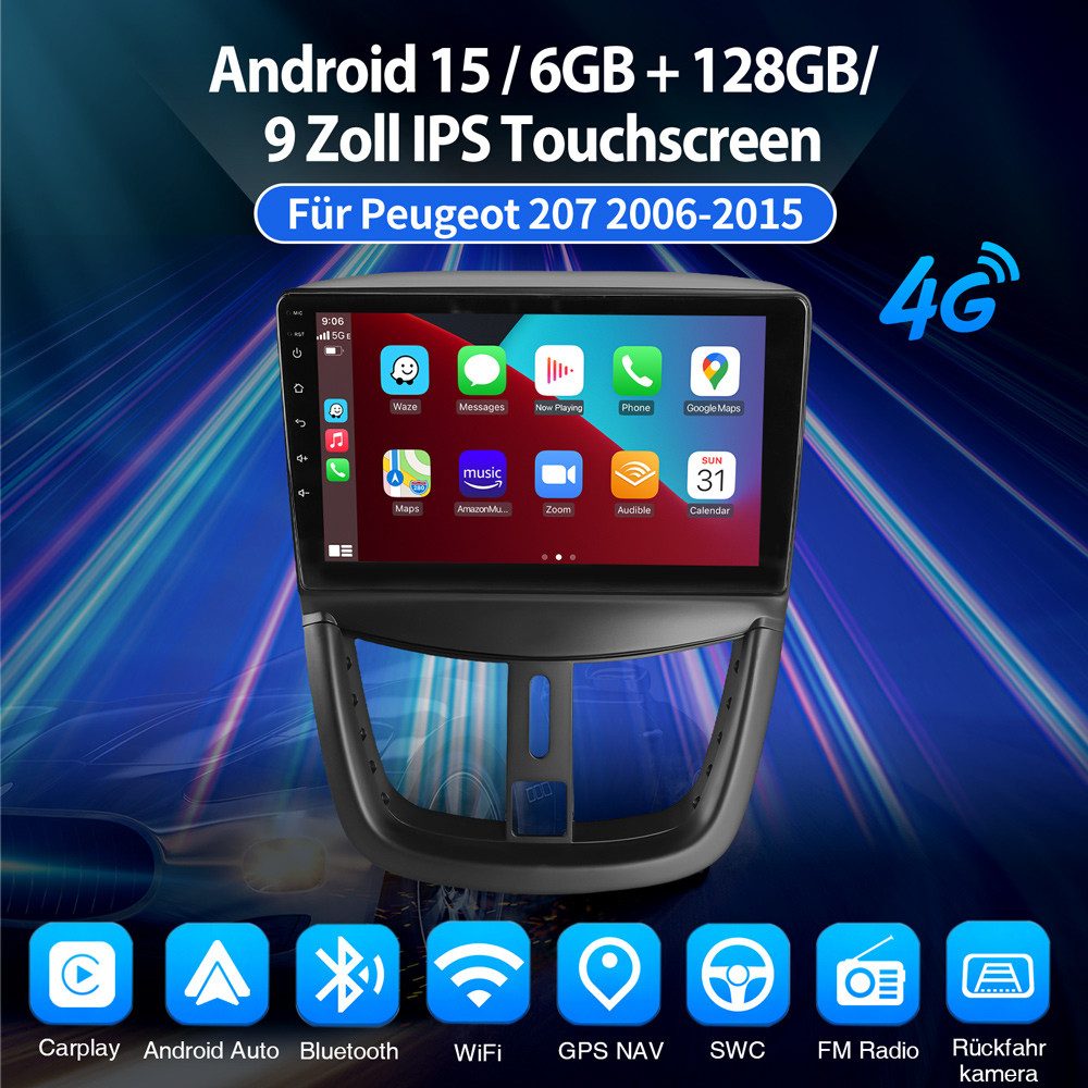 ESSGOO 9" ZOLL Für PEUGEOT 207 CC 2006-2014 6+128GB Carplay Autoradio (Digitalradio (DAB), RDS, FM, AM, 4G LTE Apple Carplay Android Auto Navi WIFI BT)