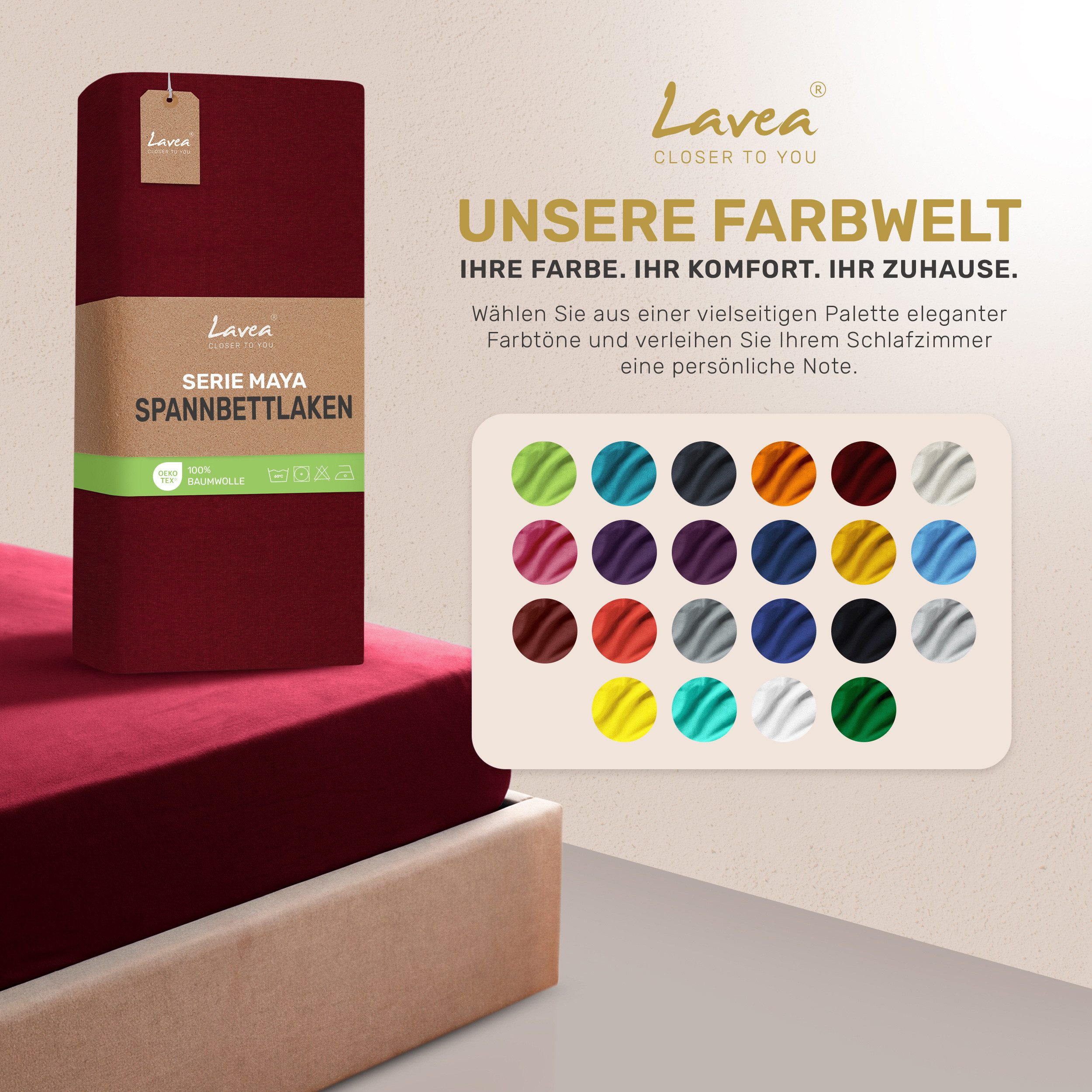 Lavea Spannbettlaken Bettlaken Maya, 180x200cm, 200x200cm, 140x200cm, 160x200cm, 100% Baumwolle Jersey, Gummizug: rundum, (1 Stück), für Matratzen, Topper, Boxs – Bild 4 von 5