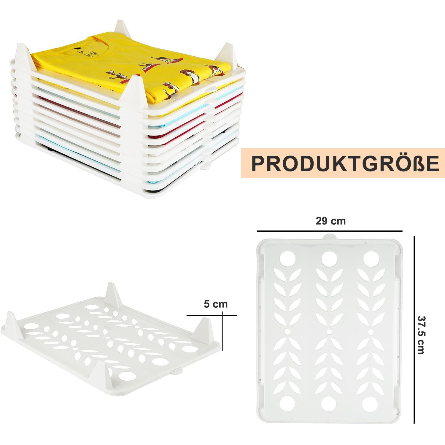 HEYHIPPO Faltbox 10er Set Hemdenordner, T-Shirt Organizer stapelbar 37,5x29 cm Weiß (Set, 10 St., Stapelbares Kleiderschrank Board mit Griffen, Schichtdesign, belüftet), Kleideraufbewahrungs Organizer,platzsparendes Schrank Faltbrett aus PP