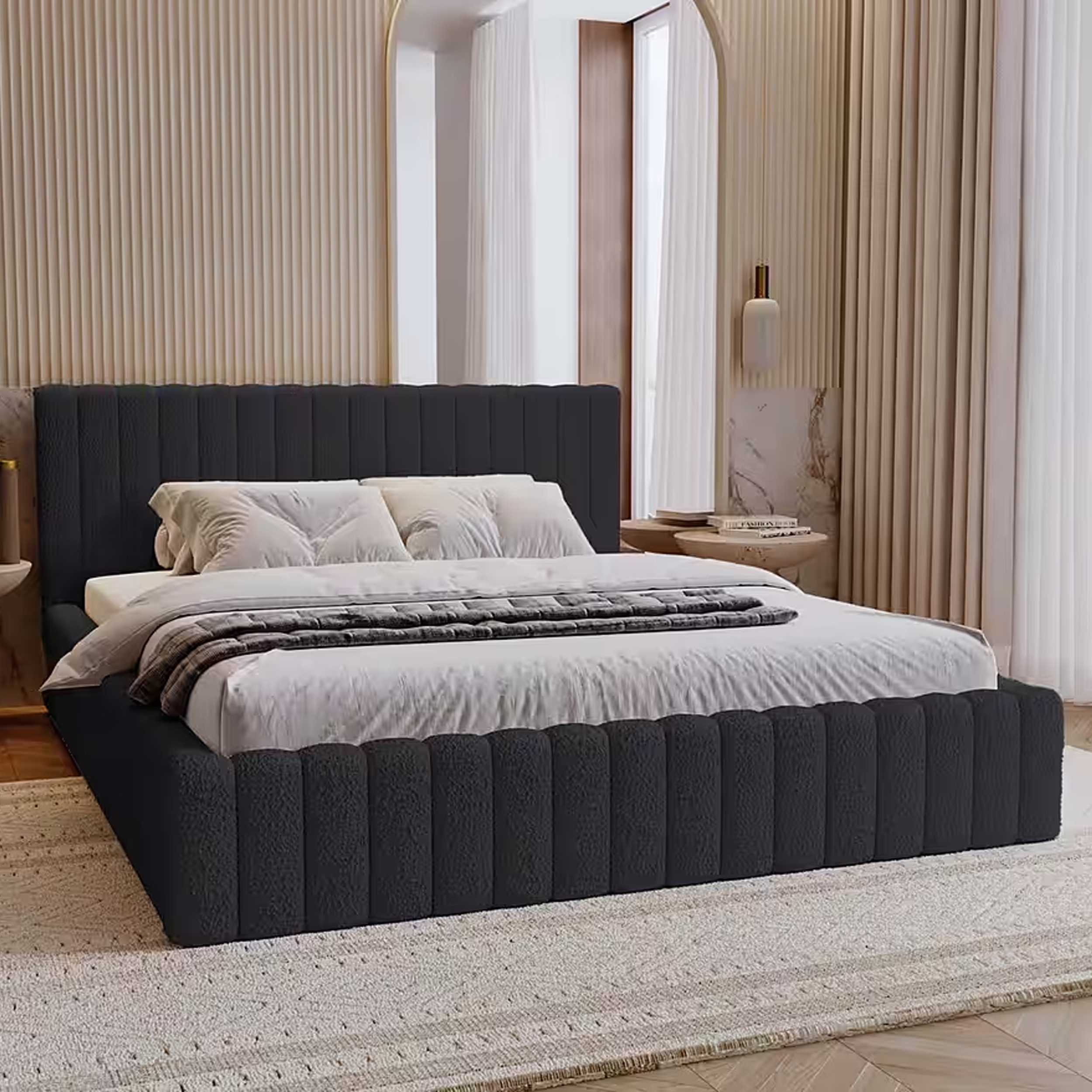 Goldstoff Polsterbett mit Bettkasten und Lattenrost (Boucle-Stoff in "Lammfell", Designerbett, Wolkenbett, Stauraumbett- 140/160/180x200), Erhältlich in 3 Größen und 6 Farben