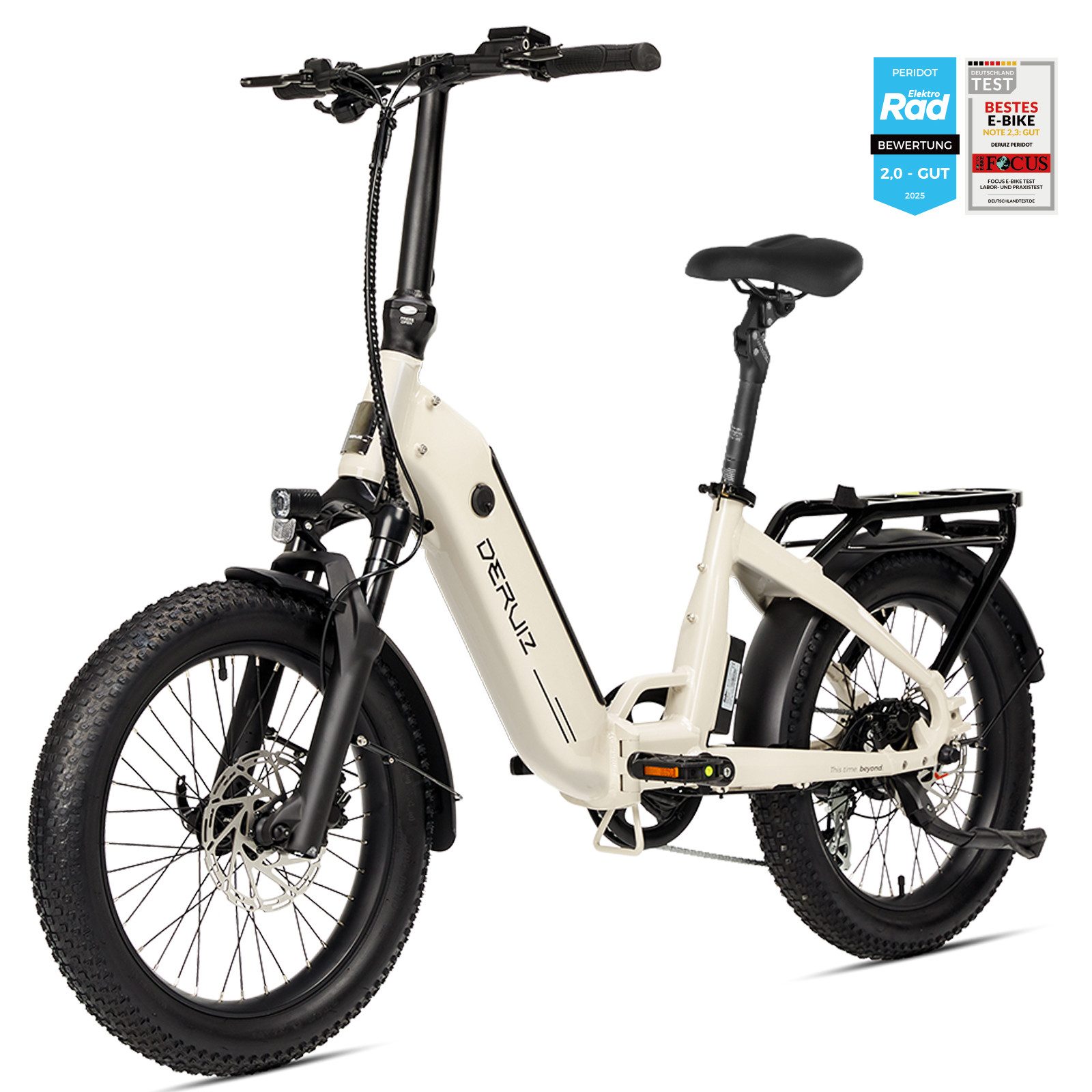 DERUIZ E-Bike Klapprad Peridot 20 Zoll, 55-Nm-Heckmotor, 500 Wh, bis 140 km, 8 Gang SHIMANO SHIMANO ALTUS 11-32T Schaltwerk, Kettenschaltung, Heckmotor, 500 Wh, (mit Akku-Ladegerät, mit Werkzeug), 60-mm-SUNTOUR-Federgabel, Federsattelstütze, 3,0-Zoll-Reifen