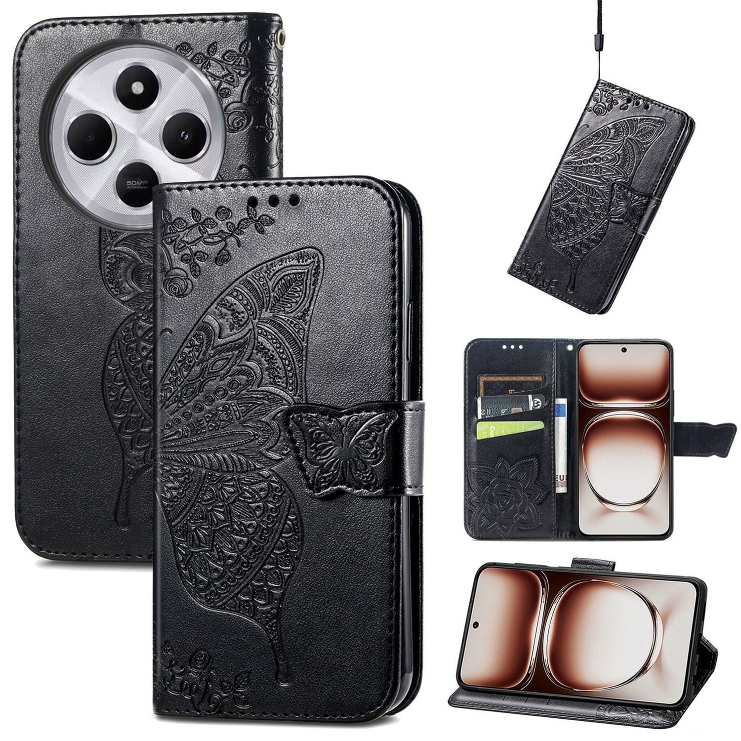 Wigento Smartphone-Hülle Für Xiaomi Redmi 14C Kunstleder Wallet Schmetterling Hülle Schwarz, Kunst-Leder Schutzhülle Smart Case Cover magnetischer Verschluss