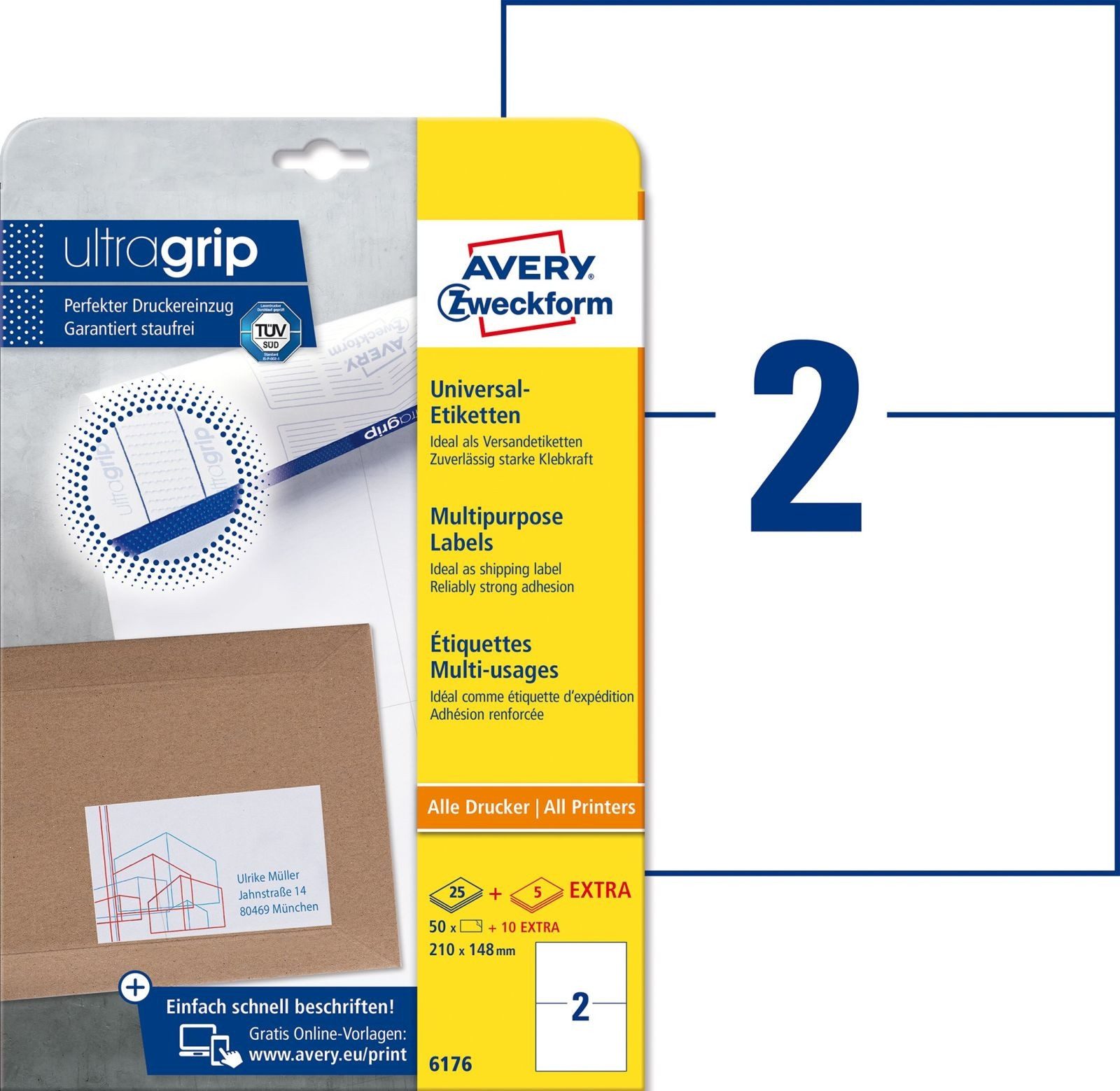 Avery Zweckform Etiketten Universal-Etiketten ultragrip 210x148 mm VE=60 Etiketten / 30 Bogen we