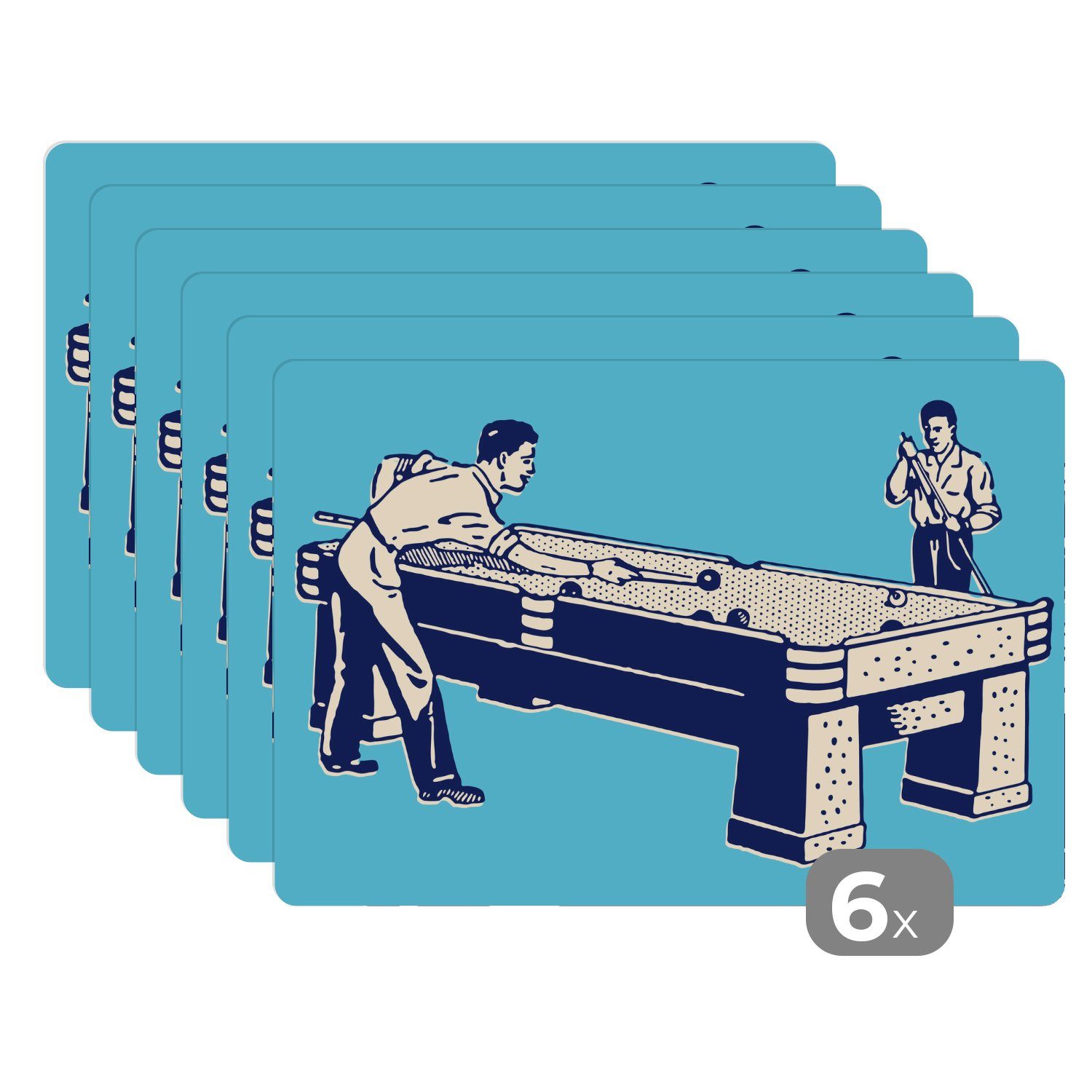 Platzset, Eine Illustration eines Billardtisches vor einem blauen Hintergrund, MuchoWow, (6-St), Platzset, Platzdecken, Platzmatte, Tischmatten, Schmutzabweisend