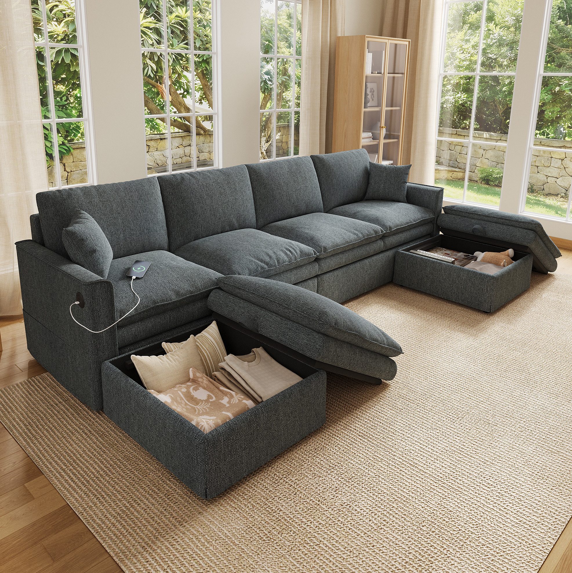 MODFU Ecksofa 6-Sitzer Sofa mit Hockern und doppellagigem Kissendesign, Grau, 277x135x80 cm, hochdichter Schaum