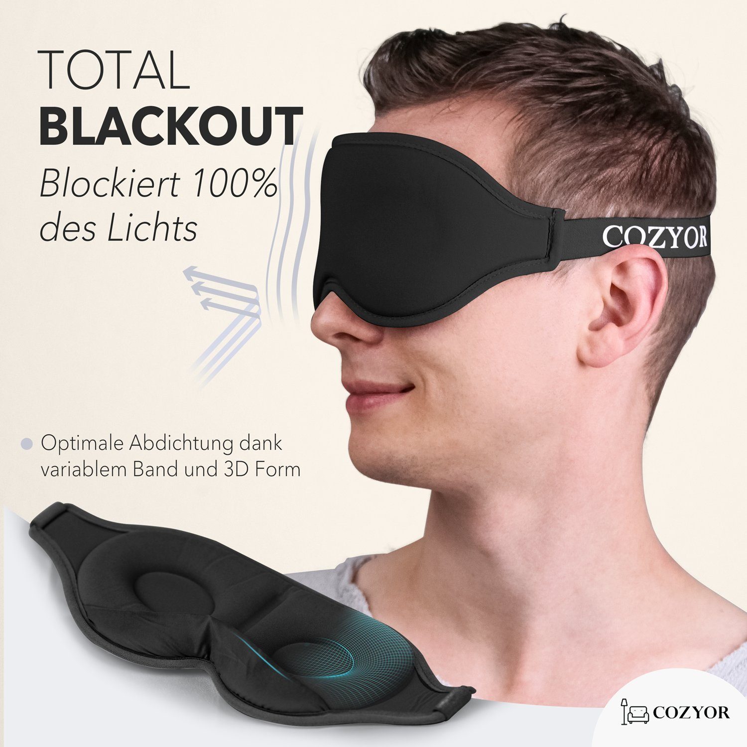 Cozyor Schlafmaske 100% Blackout-Effekt 3D Augenmaske mit ergonomischem Design, Reiseset klein & kompakt, schwarz Eclipse, Schlafmaske mit wiederverwendbaren Ohrstöpseln, extra Polsterung und variable Passform