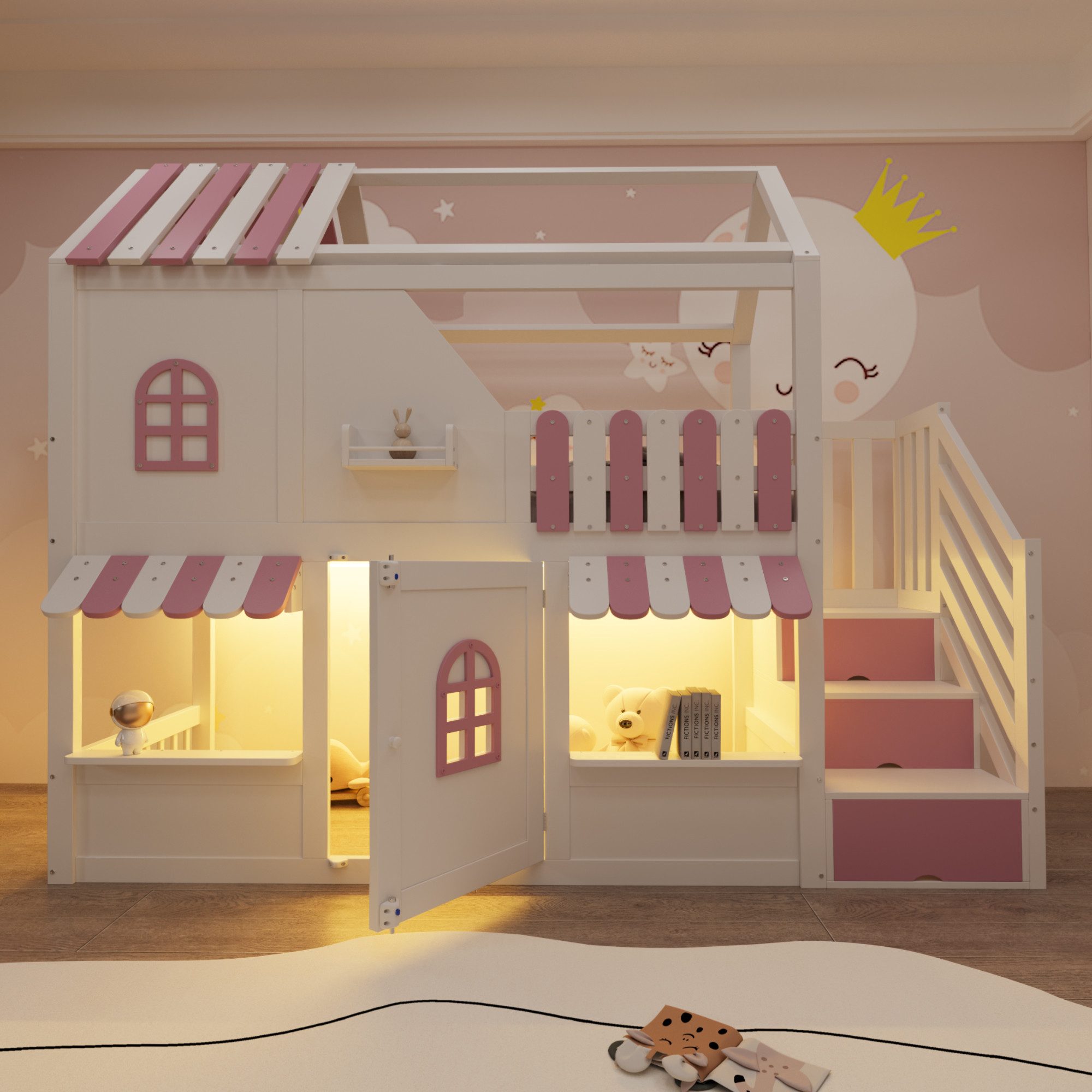 REDOM Kinderbett mit Fenstern, Dach und Geländer (mit Stauraumleiter, LED-Beleuchtung und Regalen, Hochbett Gästebett, 90 x 200 cm), ohne Matratze