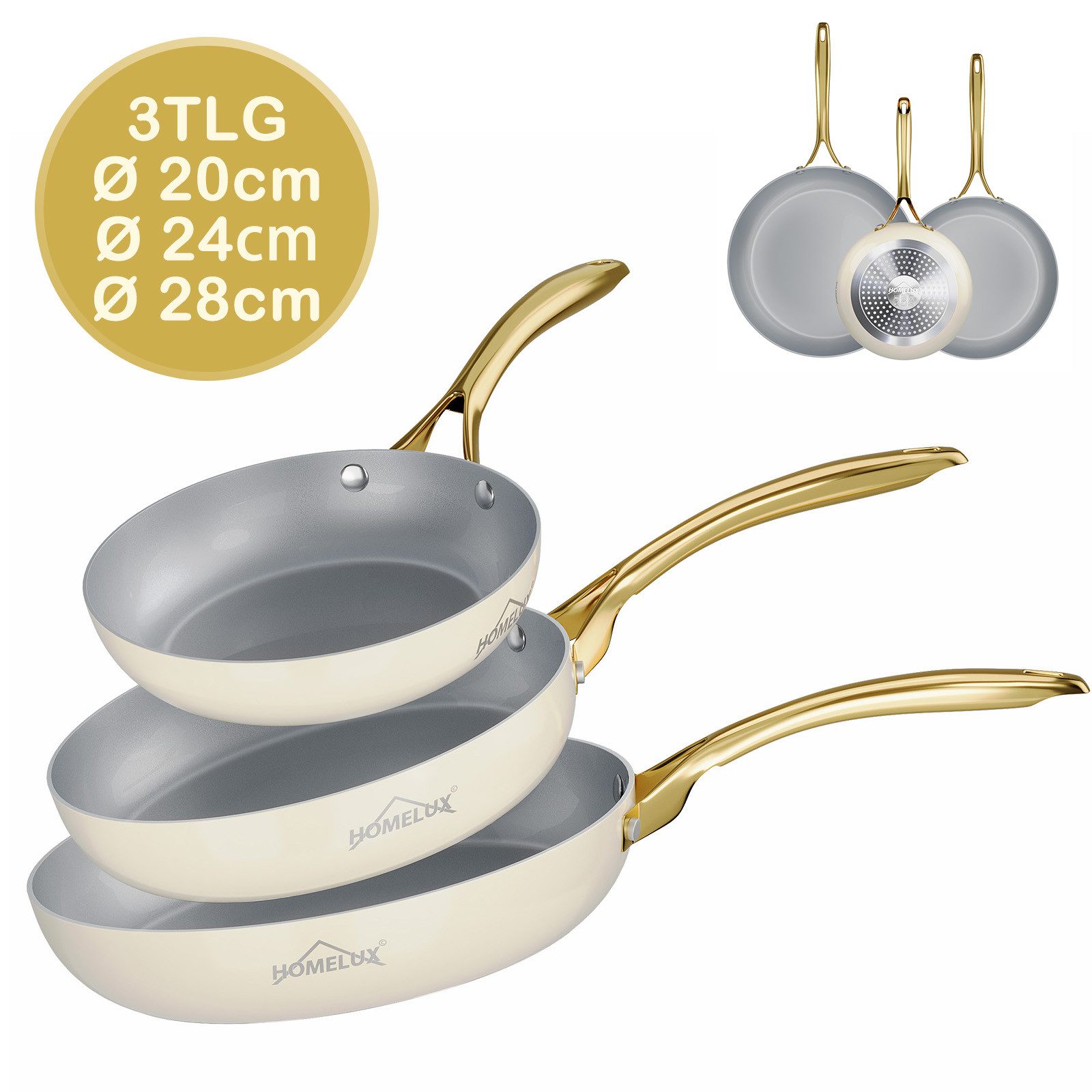 HOMELUX Pfannen-Set Bratpfanne Keramikpfanne Induktion Aluminium Pfanne mit Edelstahlgriff, Aluminium (Pfannenset, 3-tlg), Indukion,Keramikbeschichtung,weiß grau pfanne, gold griff