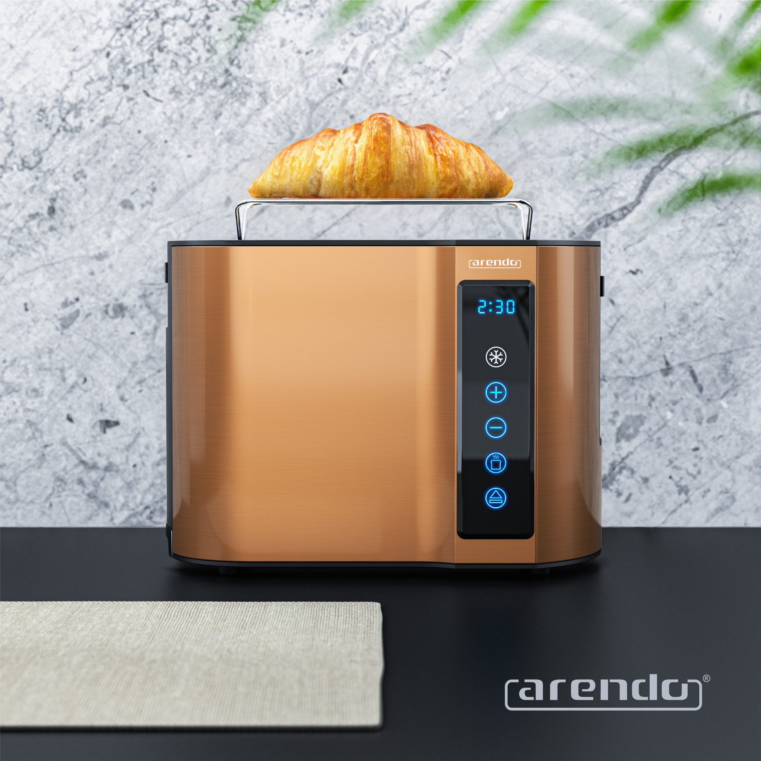 Arendo Toaster Wärmeisoliertes Doppelwandgehäuse, Display mit Restzeitanzeige, 2 kurze Schlitze, für 2 Scheiben, 800 W, Touchpanel, Brötchenaufsatz, 7 Bräunungsgrade, Brotscheibenzentrierung